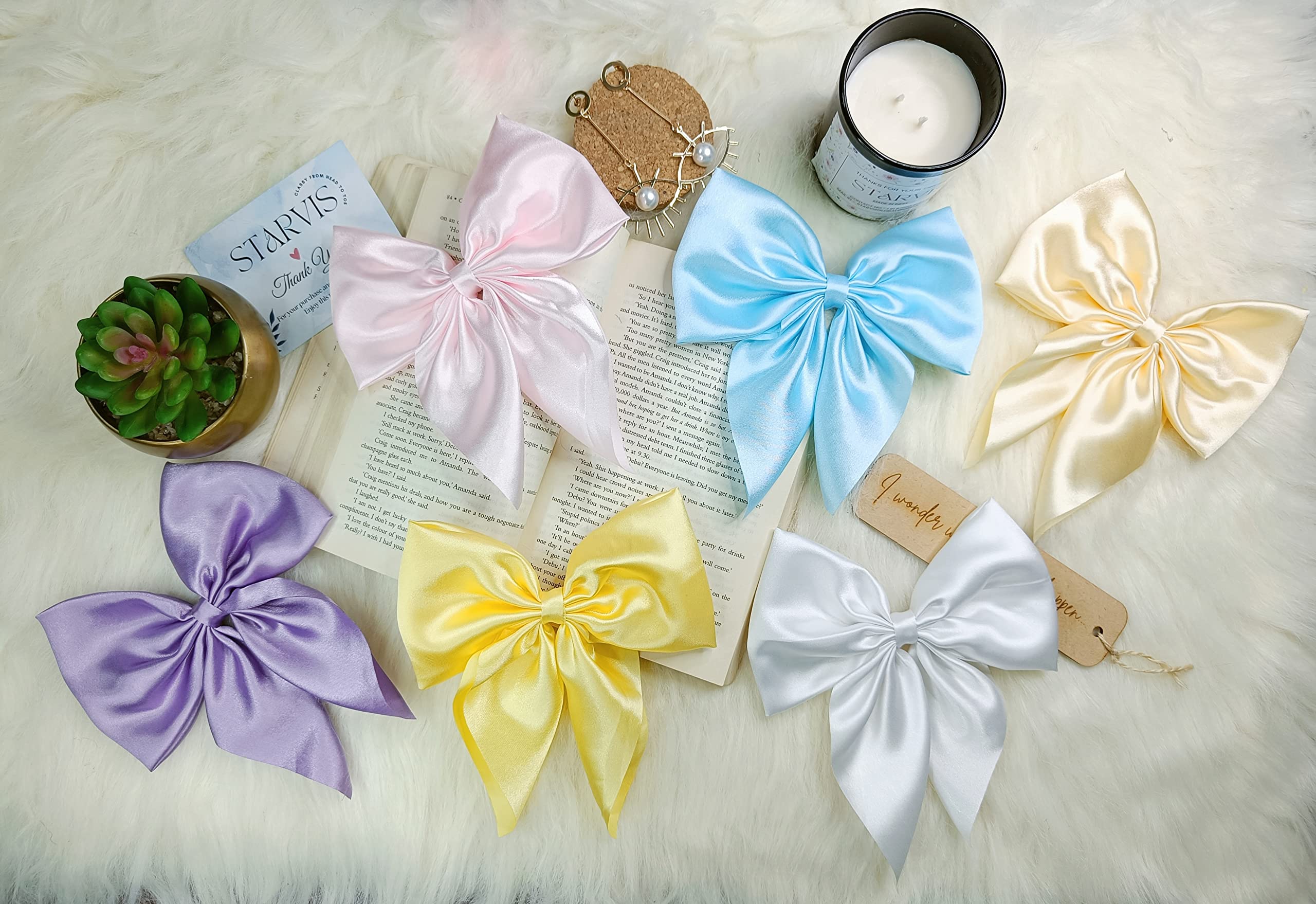 Starvis Women's Hair Bow Clips - Pack of 6 Silky Satin Barrettes with Metal Clips | Large French Barrette Hair Slides for Short Hair | Soft Plain Color Bowknot Hairpins in Light Shades | Perfect for Weddings, Parties & Everyday Styling