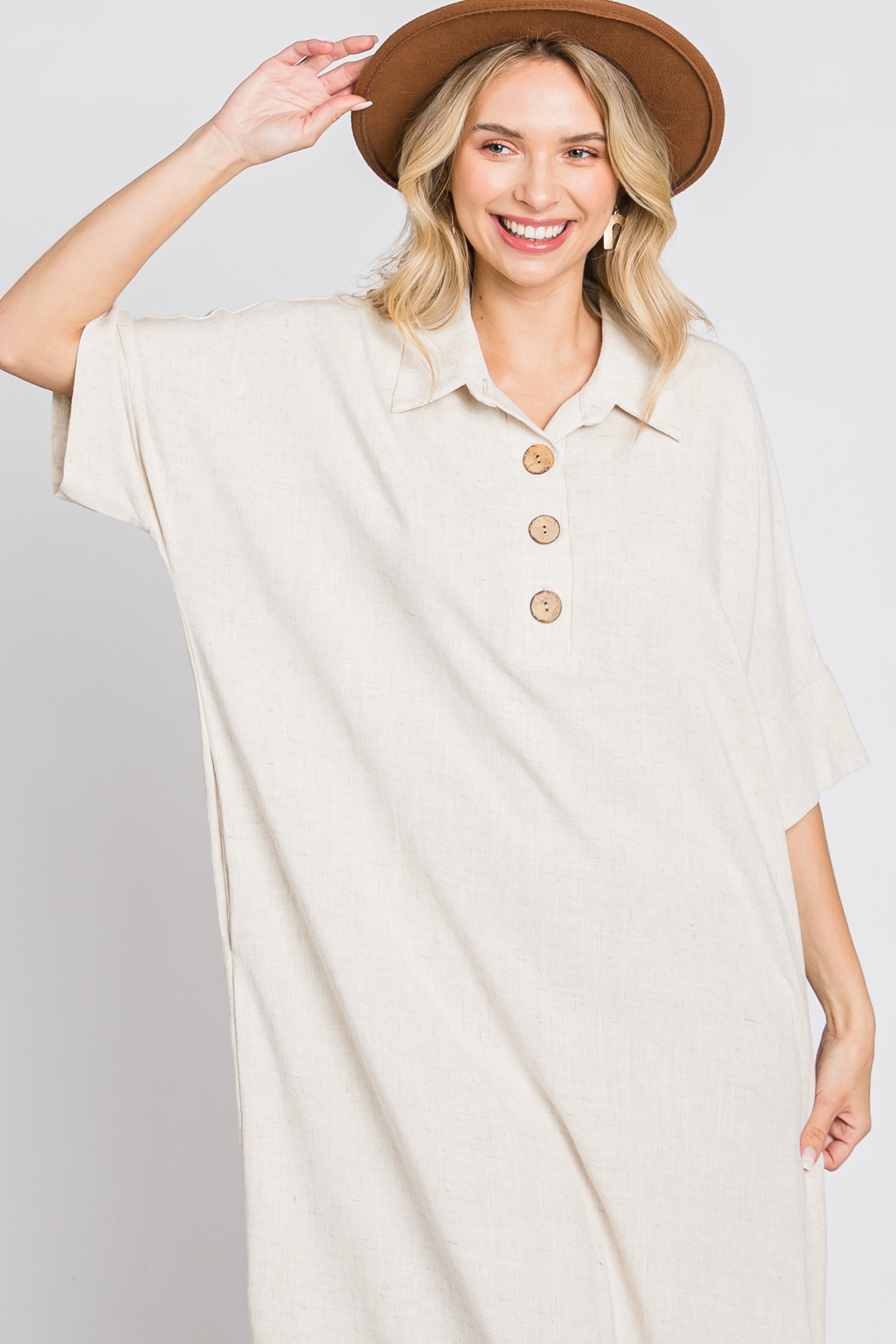 Beige Collared Linen Maxi Dress for Women - Summer Casual Long Dress with V-Neck & Pockets - Perfect for Beach, Vacation & Boho Style Outfits