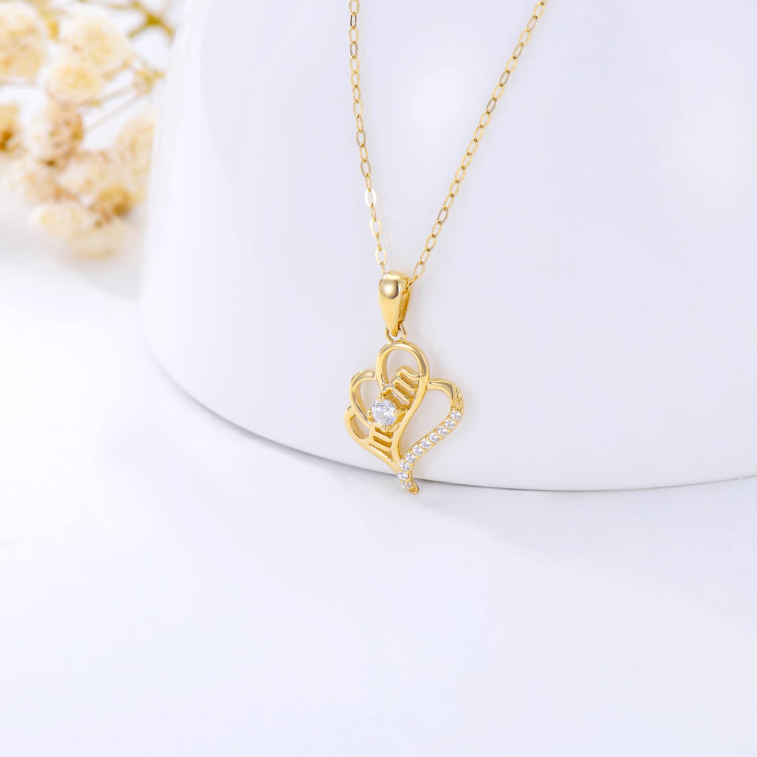 14K Real Gold Heart Necklace for Women - I Love You Mom Pendant Jewelry Gift for Mother's Day, Wife, Grandma | 16+1+1 Inch Yellow Gold Chain | Perfect for Birthday, Anniversary & Special Occasions