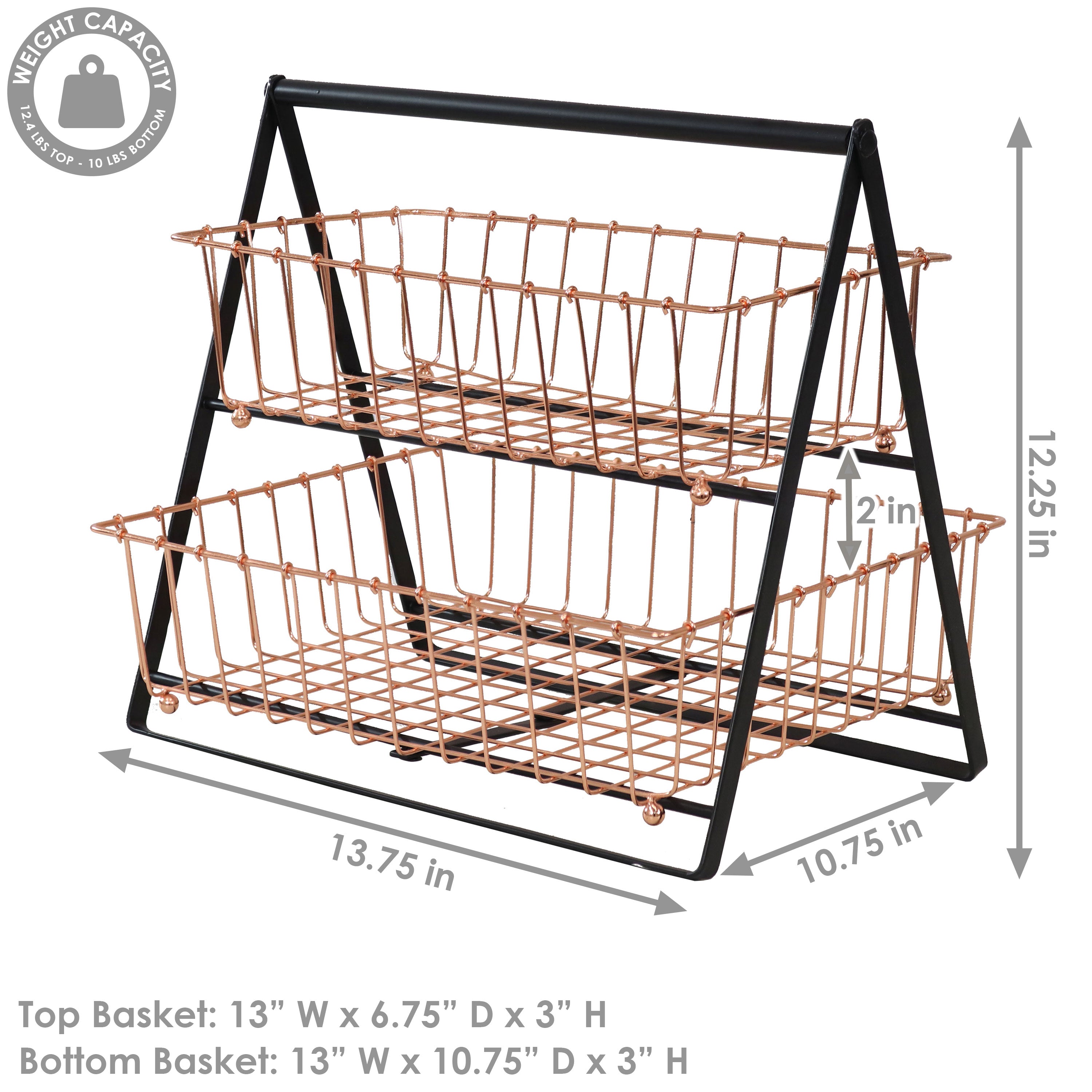 Sunnydaze 2 Tier Metal Fruit Basket with Handle - Rustic Copper Countertop Organizer for Kitchen, Dining Table, or Pantry Storage