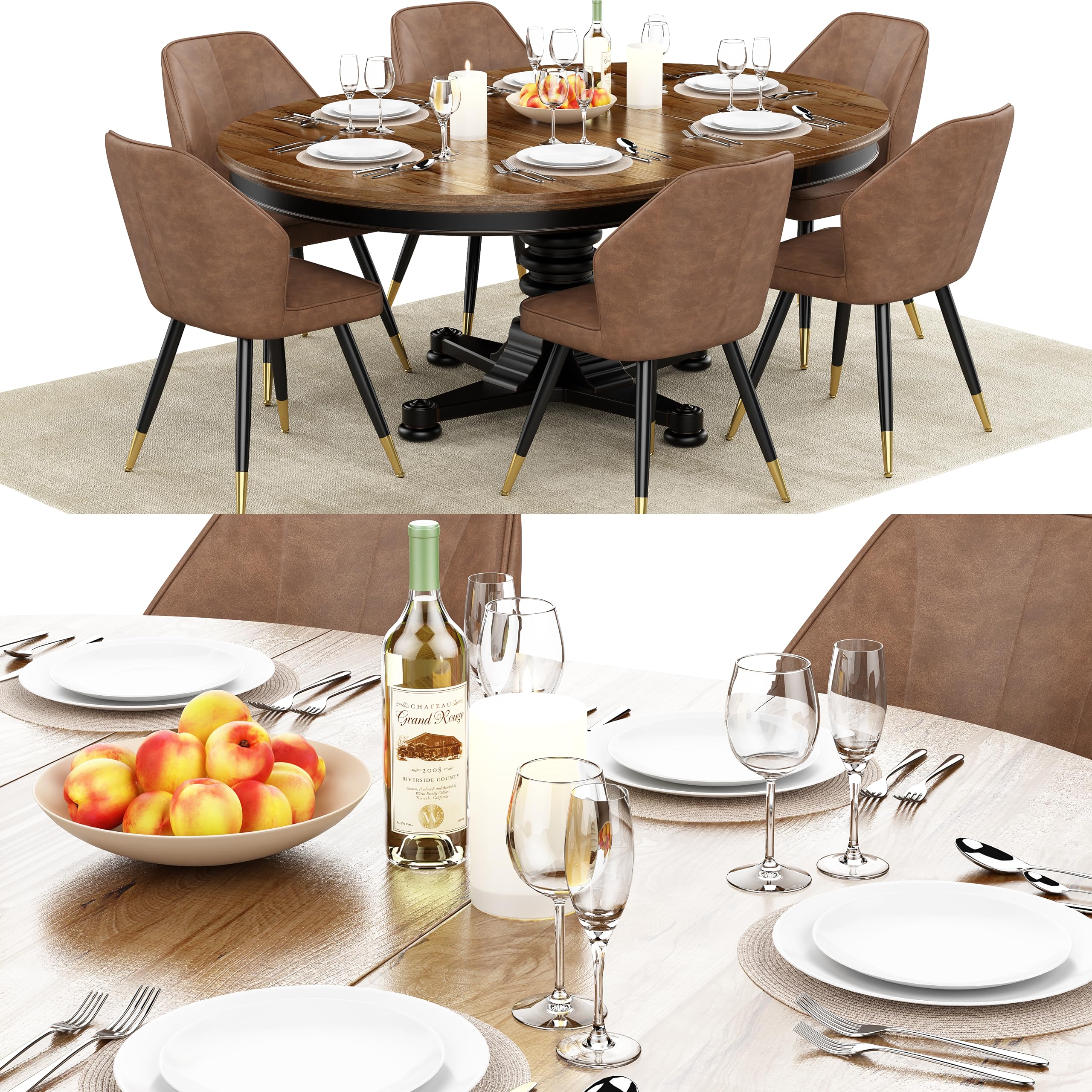 Andeworld Set of 2 Mid Century Modern Upholstered Dining Chairs - Faux Leather Armless Side Chairs with Golden Metal Legs for Dining Room, Living Room, Kitchen & Office - Brown Accent Chairs for Home Decor