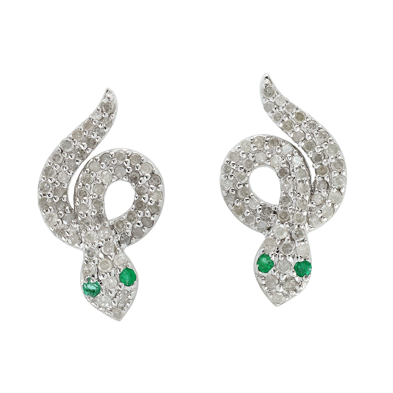 18K White Gold Emerald Pave Diamond Carved Snake Earrings - Elegant Jewelry for Women, Perfect for Parties, Weddings & Special Occasions