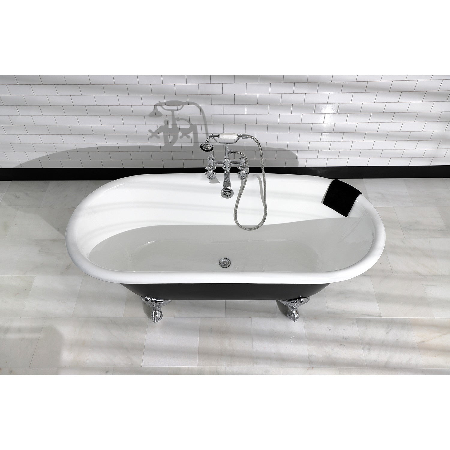 Aqua Eden 66 Inch Cast Iron Clawfoot Bathtub - Double Ended Oval Tub with 7 Inch Faucet Drillings in Black/White/Polished Chrome | Vintage Style Freestanding Soaking Tub for Bathroom Remodel & Luxury Spa Experience