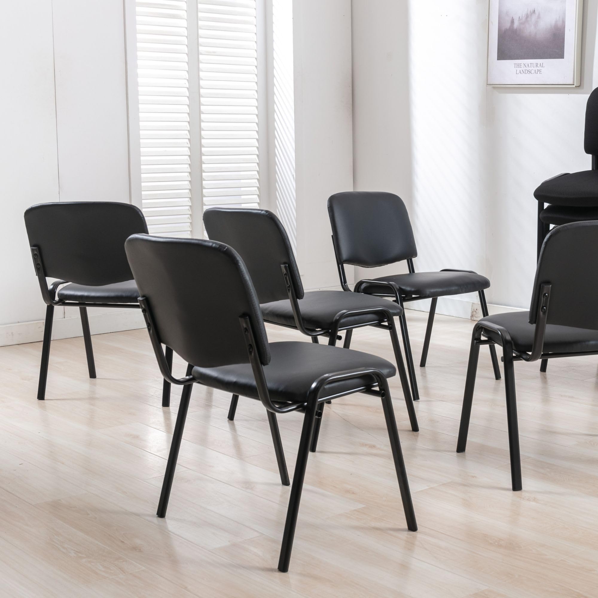 5-Pack Black Vinyl Leather Padded Stackable Chairs - Comfortable Armless Upholstered Seating for Office, Waiting Room, Church, Conference, Reception & Classroom - Space-Saving Stacking Chairs for Events & Multi-Purpose Use
