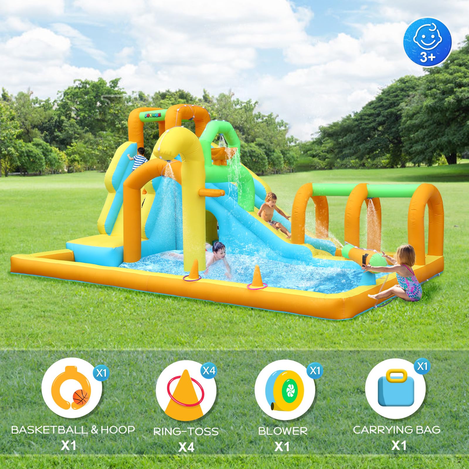 JOYMOR 10-in-1 Inflatable Water Slide Bounce House with Water Bucket, Tunnel, Water Cannon & Basketball Hoop - Fast 1 Minute Setup (Includes Air Blower) - Outdoor Backyard Water Park for Kids Ages 3-10 - Perfect for Summer Parties, Birthdays & Family Fun