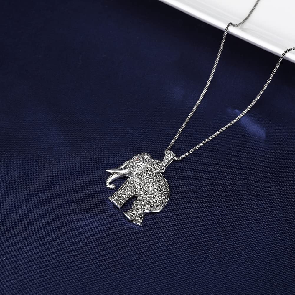 925 Sterling Silver Elephant Necklace for Women - Cute Marcasite Elephant Charm Pendant Jewelry - Perfect Gift for Birthday, Anniversary & Everyday Wear