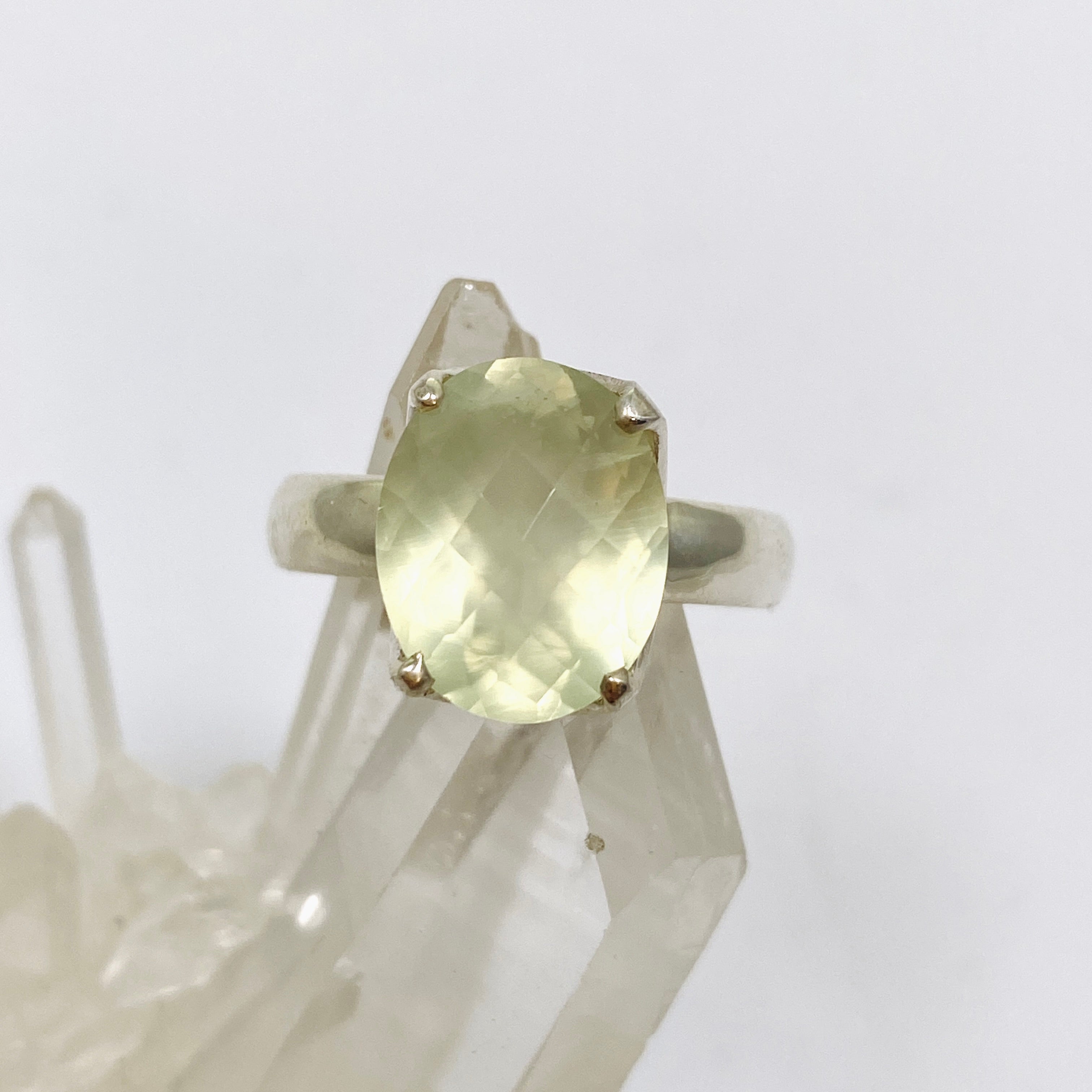 Prehnite Oval Checkerboard Faceted Ring Size 8.5 - Dainty Gold Jewelry for Women, Elegant Birthstone Gift for Her - Perfect for Weddings, Anniversaries & Special Occasions