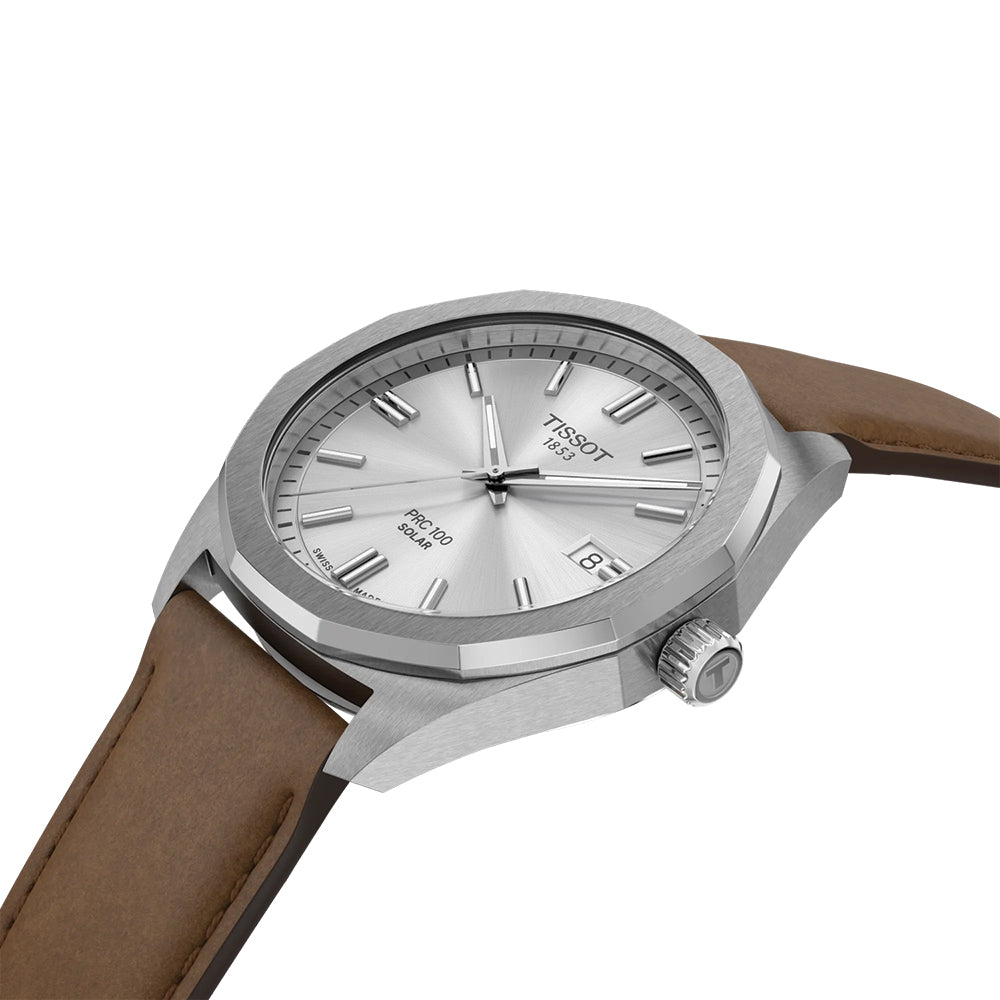 PRC 100 Solar Quartz 39mm Men's Watch - Silver Stainless Steel Case with Genuine Leather Strap | Water Resistant, Eco-Friendly Solar Power | Perfect for Business, Casual & Outdoor Activities