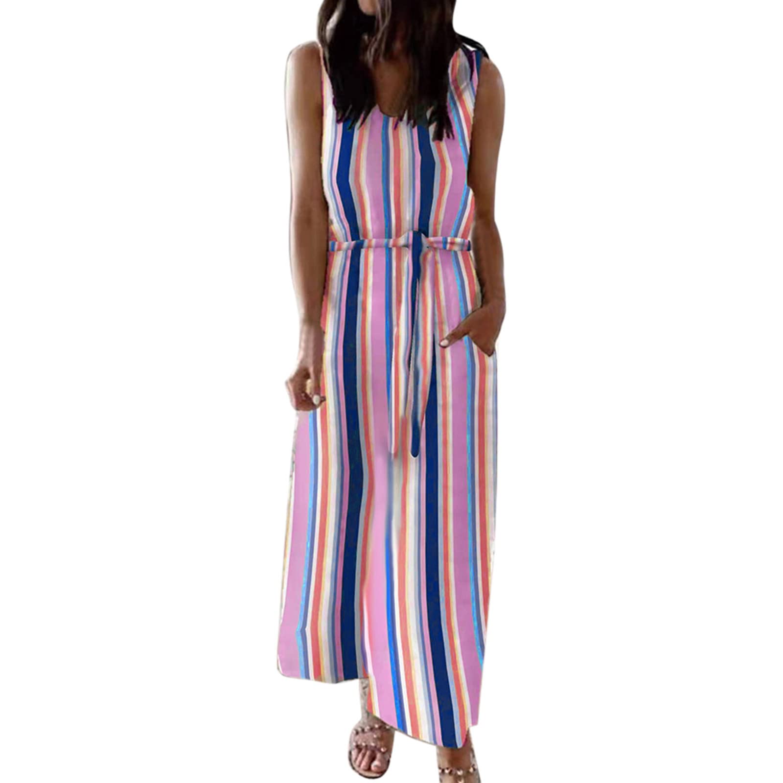 Women's Casual Sleeveless Striped Midi Dress - V Neck Halter Ruched Tie Waist Summer Beach Dress for Outdoor Parties & Vacation Wear