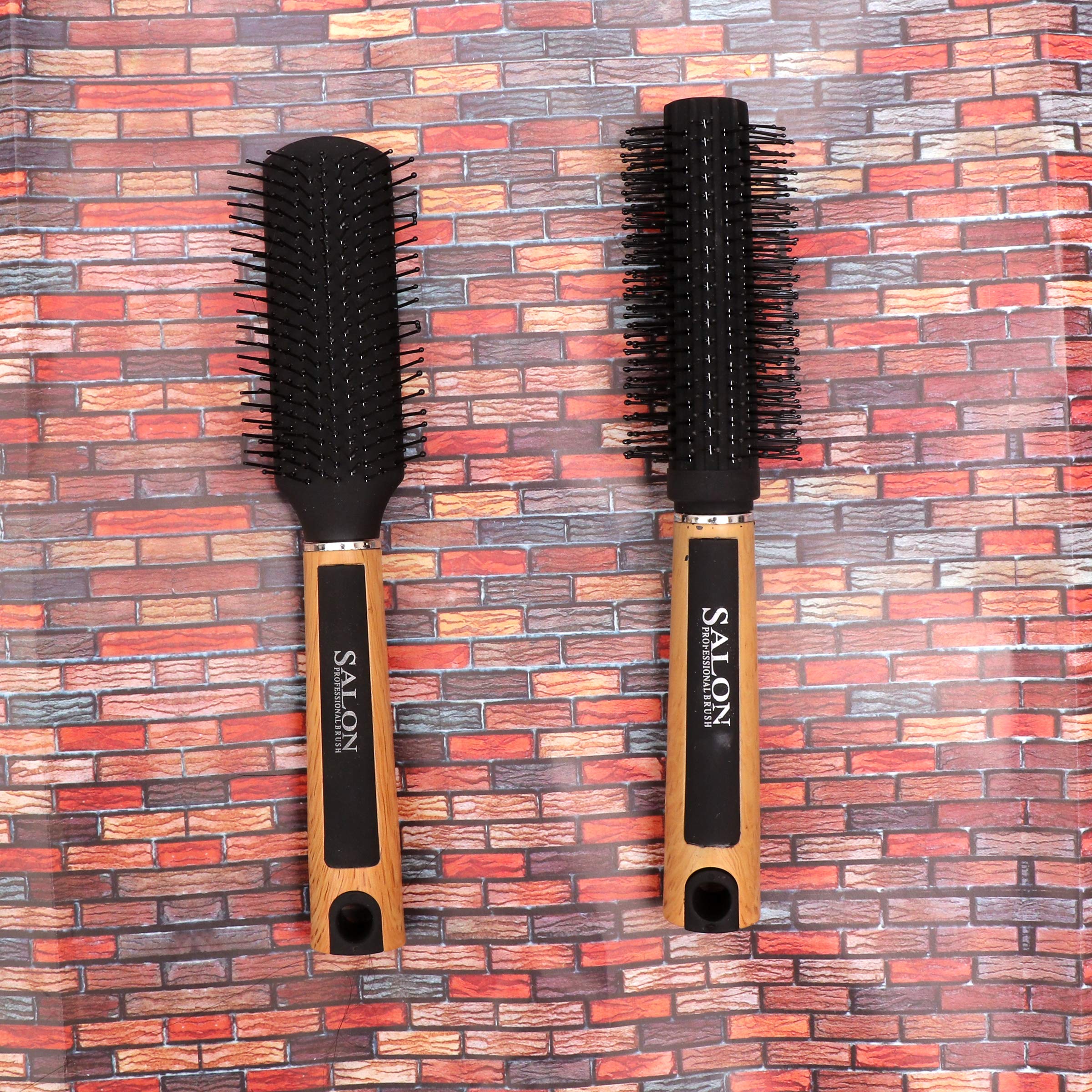 Honbon Round Hair Brush Set of 2 - Wooden & Black Handle with Soft Bristles for Smooth Styling - Perfect for Blowouts, Detangling & Salon-Quality Results at Home