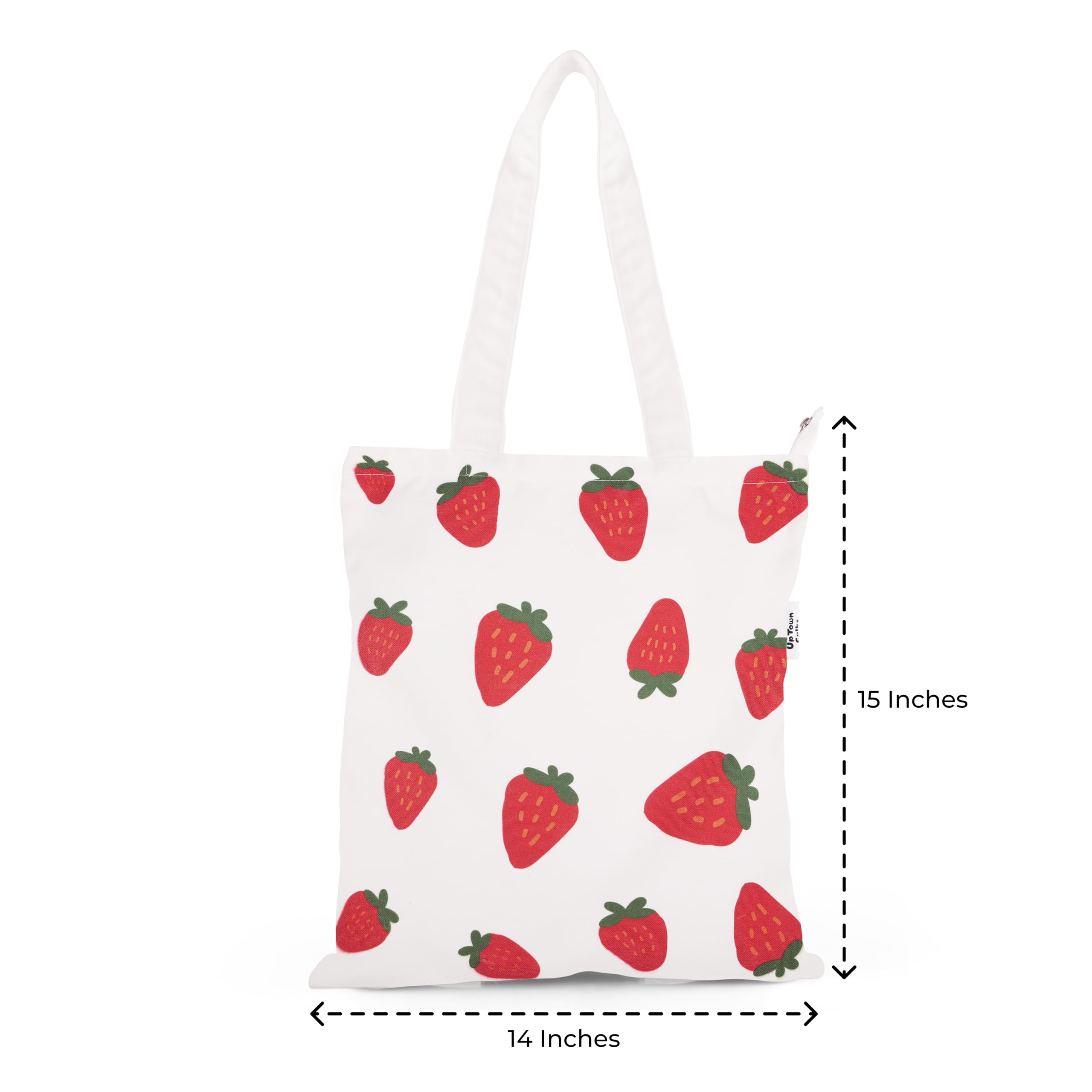 Strawberry Print White Tote Bag for Women & Girls - 16x14 Inches with Zipper & Pockets - Perfect for School, Shopping, Beach & Everyday Use