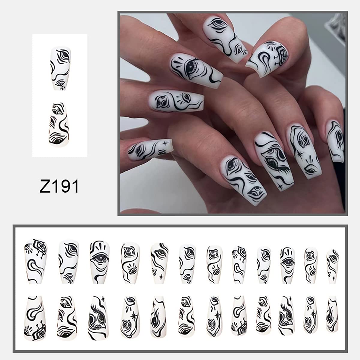 24 Pcs Coffin Press on Nails - Medium Length Gothic Eye False Nails with Horror Designs, White Glue on Fake Nails, Reusable Acrylic Artificial Nails for Women & Girls - Perfect for Halloween, Cosplay, and Gothic Fashion