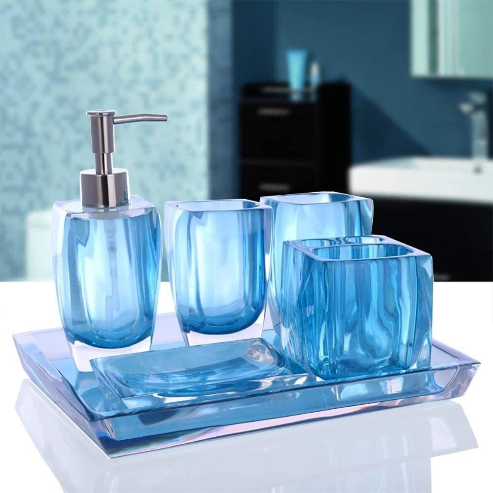 European Style Bathroom Accessory Set - Soap Dispenser, Toothbrush Holder, Glass, Tray & Soap Dish - Modern Sink Organizer (Blue) | Perfect for Guest Bathrooms, Master Suites & Spa-Inspired Decor