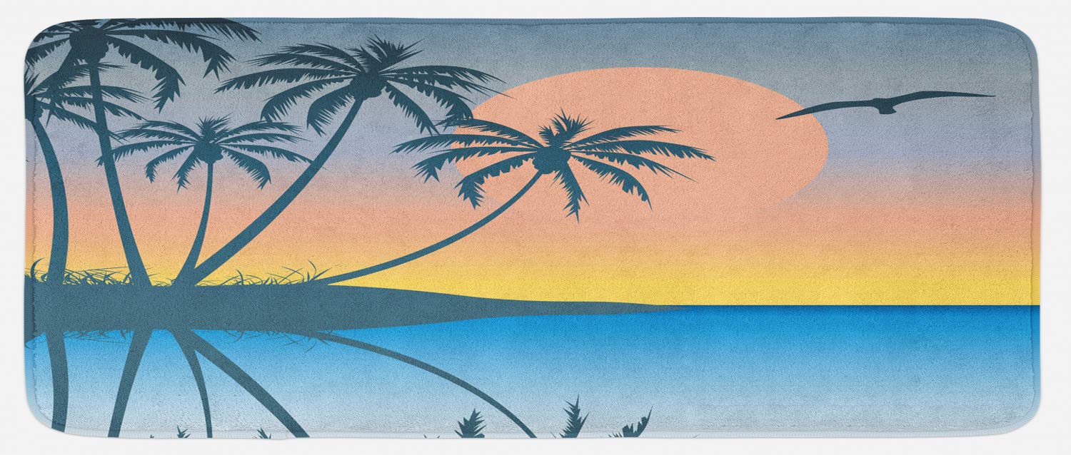 Ambesonne Non-Slip Plush Kitchen Mat - Tropical Island Sunset with Exotic Birds Design, Soft Color Palette, 47