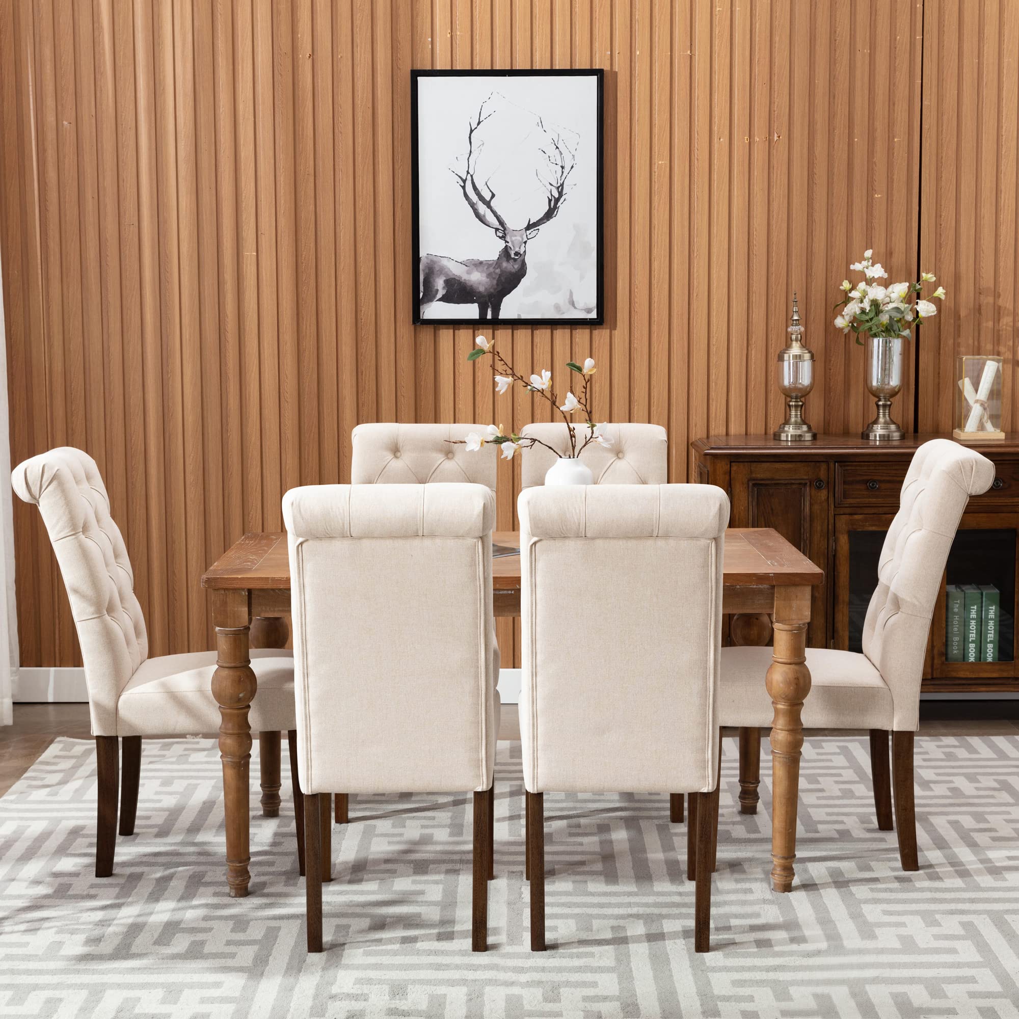 COLAMY Button Tufted Dining Chairs Set of 6 - Upholstered Fabric Parsons Chairs with Solid Wood Legs & Padded Seats for Dining Room & Kitchen - Dark Beige | Perfect for Family Dinners, Entertaining Guests & Stylish Home Decor