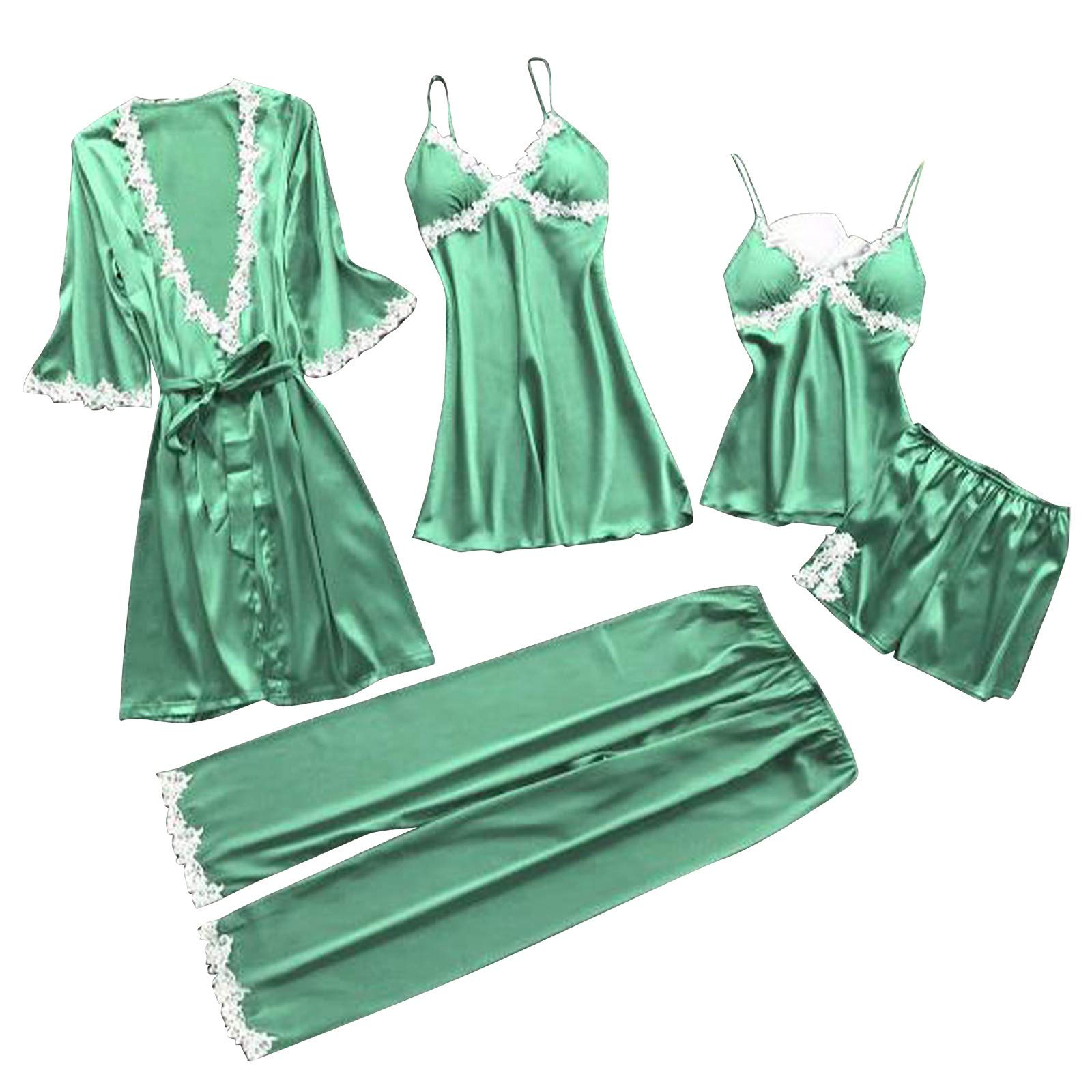 Women's 5-Piece Floral Lace Trim Satin Sleepwear Set - Sexy Cami Top & Nightgown with Robe - Plus Size Silk Pajamas for Comfortable Nights & Romantic Evenings