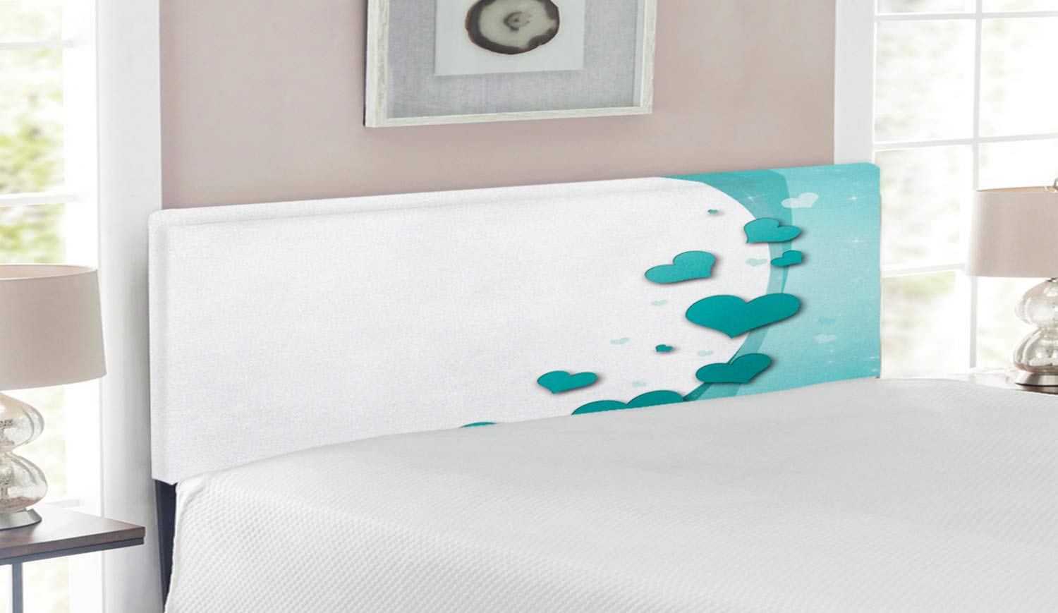Ambesonne Turquoise Upholstered Headboard with Memory Foam - Queen Size Bed Frame with Hearts & Stars Design for Valentine's Day, Wedding, or Romantic Bedroom Decor - Teal, White, and Turquoise Decorative Metal Headboard | Perfect for Master Bedrooms, Guest Rooms, and Airbnb Listings