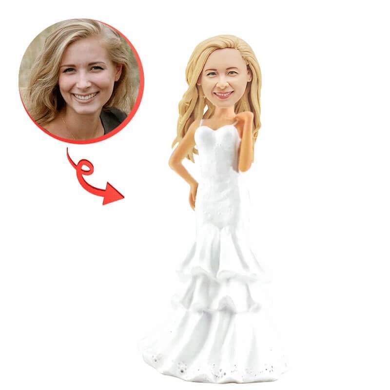 Custom White Wedding Dress Bride Bobblehead - Personalized Couple Cake Topper for Wedding, Anniversary & Bridal Shower Decor