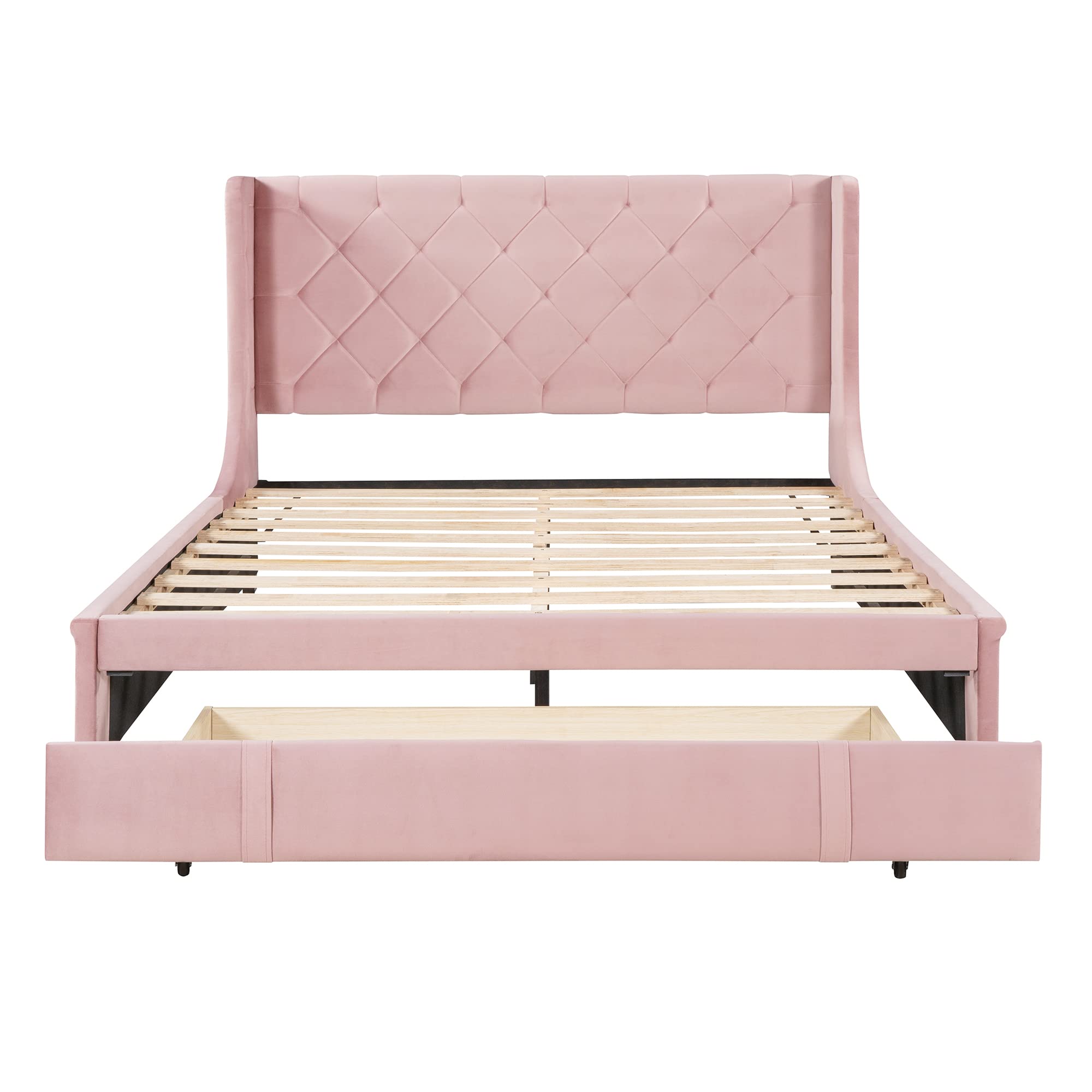 Harper & Bright Designs Queen Size Velvet Upholstered Platform Bed with Storage Drawer & Wingback Headboard - No Box Spring Needed, Pink - Perfect for Bedroom, Guest Room & Small Space Living