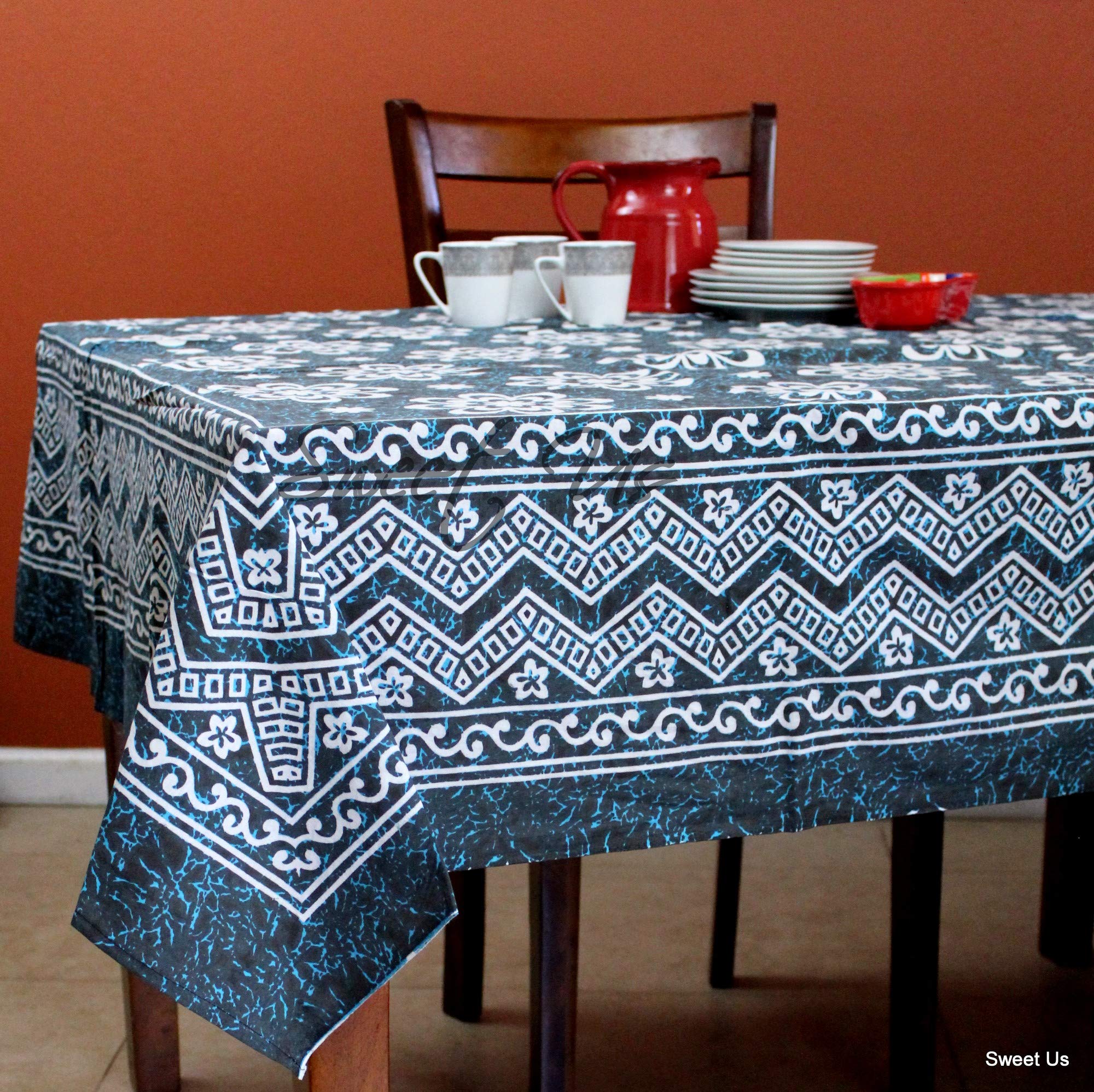 Premium Cotton Floral Tablecloth for Rectangle Tables - 70 x 104 Inch White Blue Grayish Brown Vine Pattern Table Cover - Waterproof & Wrinkle-Resistant for Dining Room, Patio, Picnic, Wedding & Outdoor Events