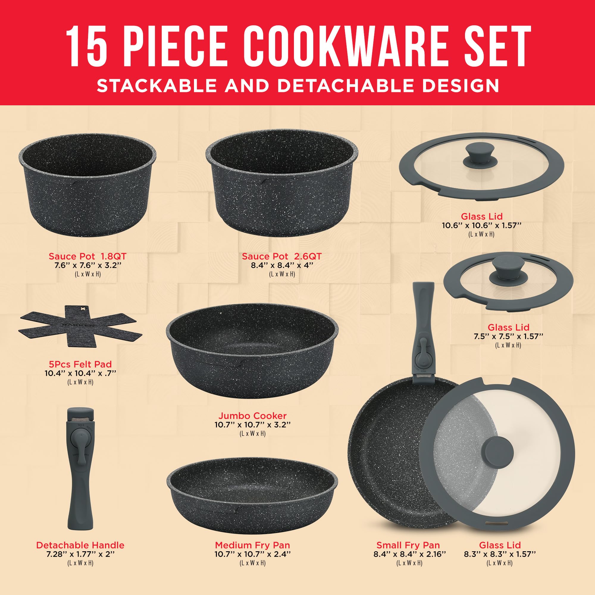 Premium 15-Piece Non-Stick Cookware Set with Removable Handles - Granite Coated Stackable Pots & Pans, Oven & Dishwasher Safe, Induction Compatible for Gas, Electric & Ceramic Stoves - Perfect for Family Cooking, Meal Prep & Everyday Kitchen Use - Black Granite
