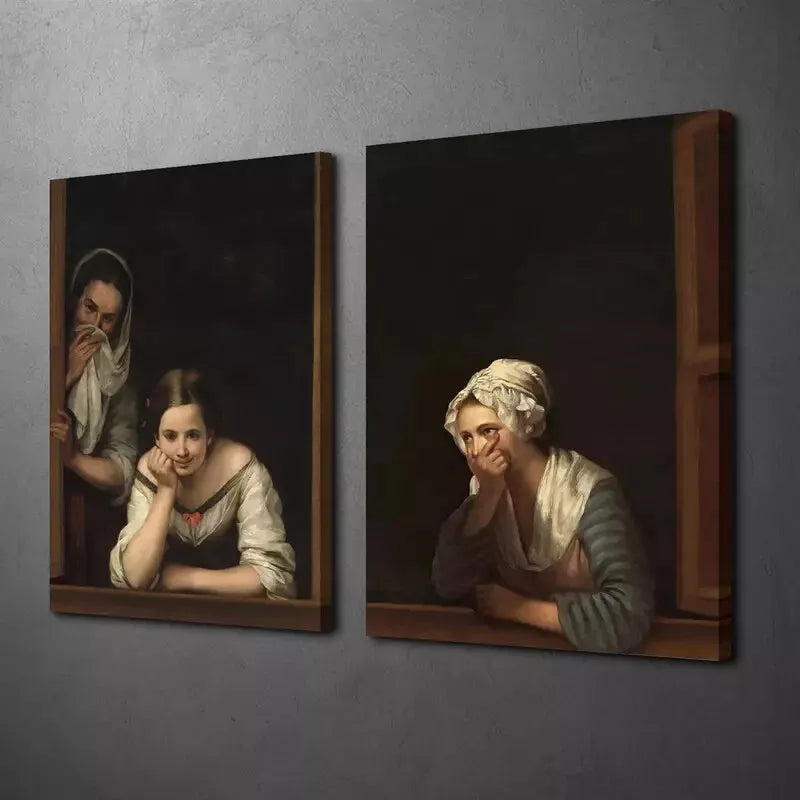 2pcs Victorian Women By The Window Sill Canvas Wall Art - 50x75cm Framed High Quality Print | 100% Australian Made | Ready to Hang | Perfect for Living Room, Bedroom & Office Decor