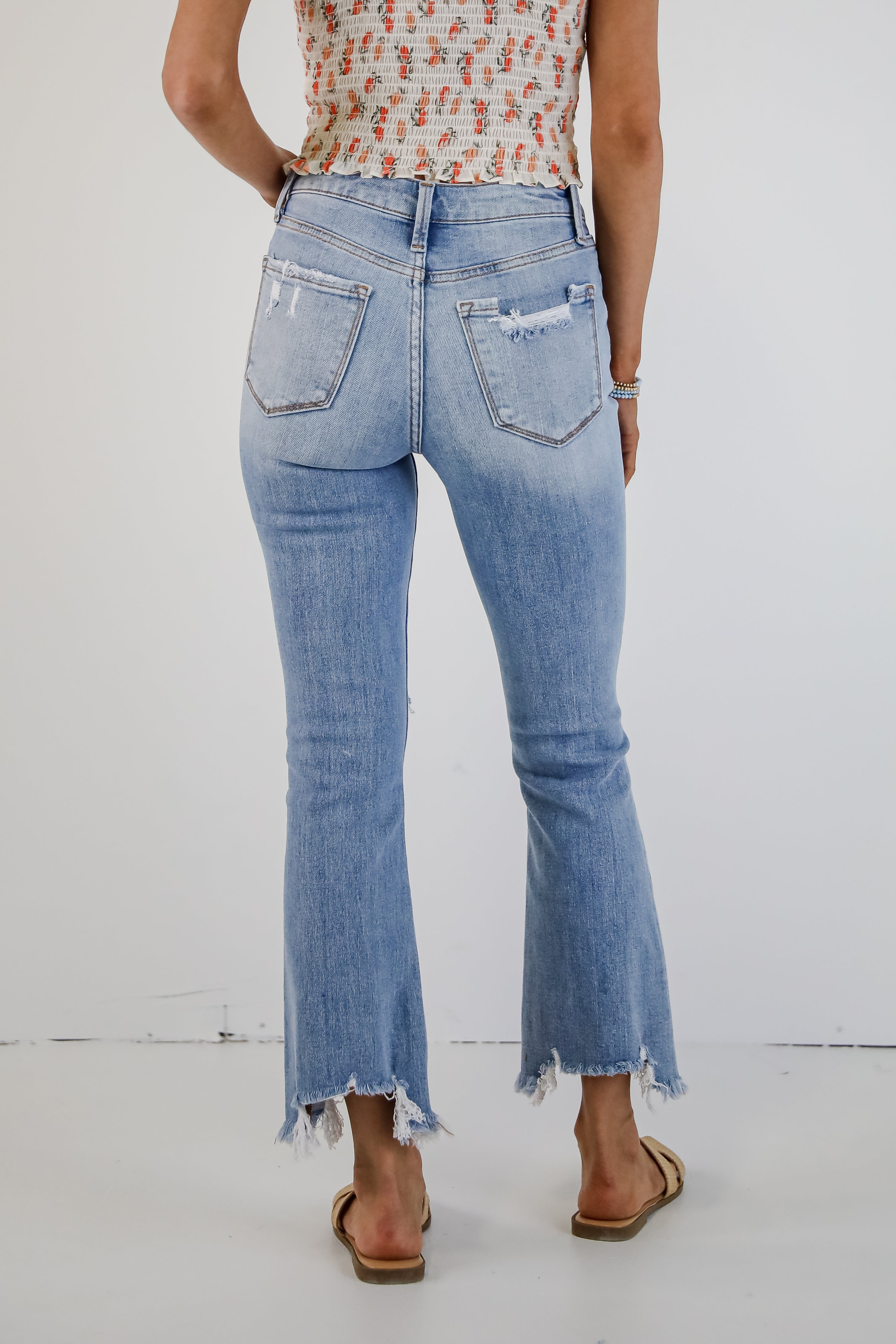 Cindy Light Wash Distressed Crop Flare Jeans for Women - Vintage High Waisted Stretch Denim Pants - Perfect for Casual Outfits, Streetwear & Retro Fashion