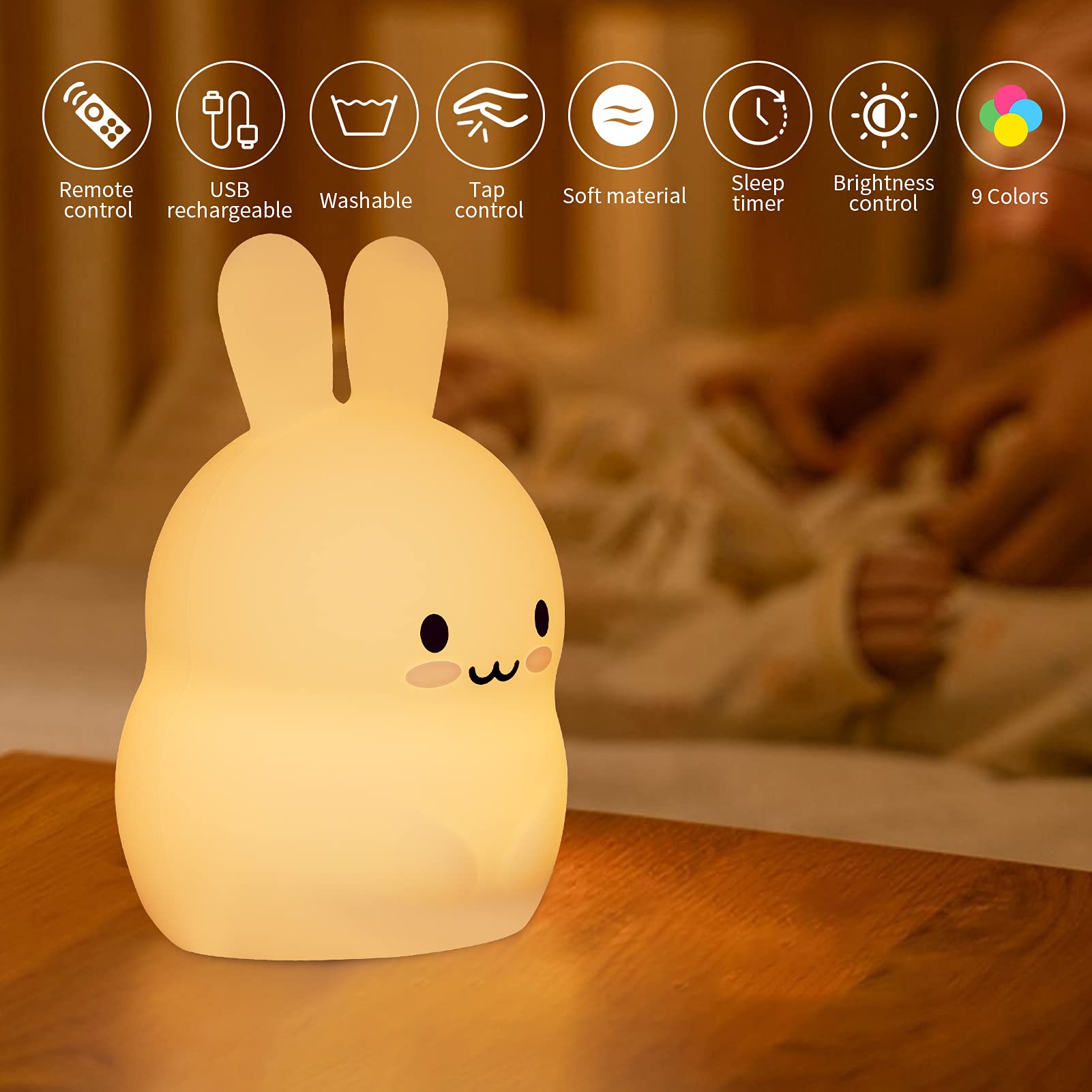 **BPA-Free LED Night Light for Kids Room - Soft Silicone Toddler Bedside Lamp with 9 Color Options, Rechargeable Nursery Light for Baby, Teen, Boys & Girls - Perfect for Bedrooms, Baby Showers & Mother’s Day Gifts**