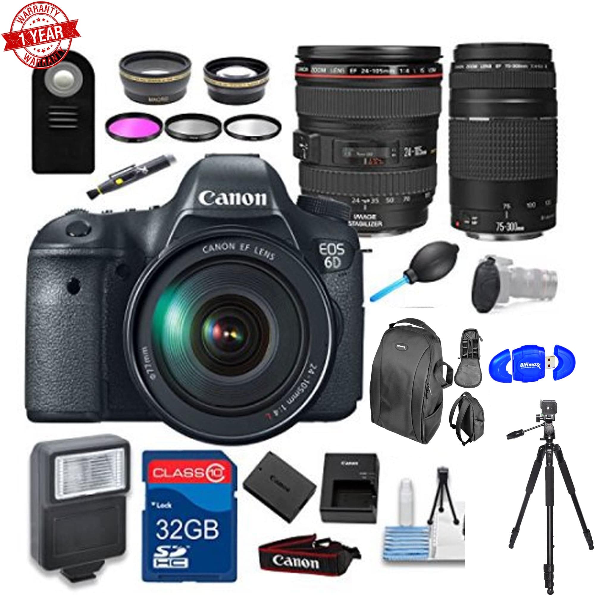 Canon EOS 6D DSLR Camera Bundle with EF 24-105mm f/4L IS USM Lens & EF 75-300mm III Telephoto Lens - 32GB Memory Card & Accessories Kit for Professional Photography & Travel