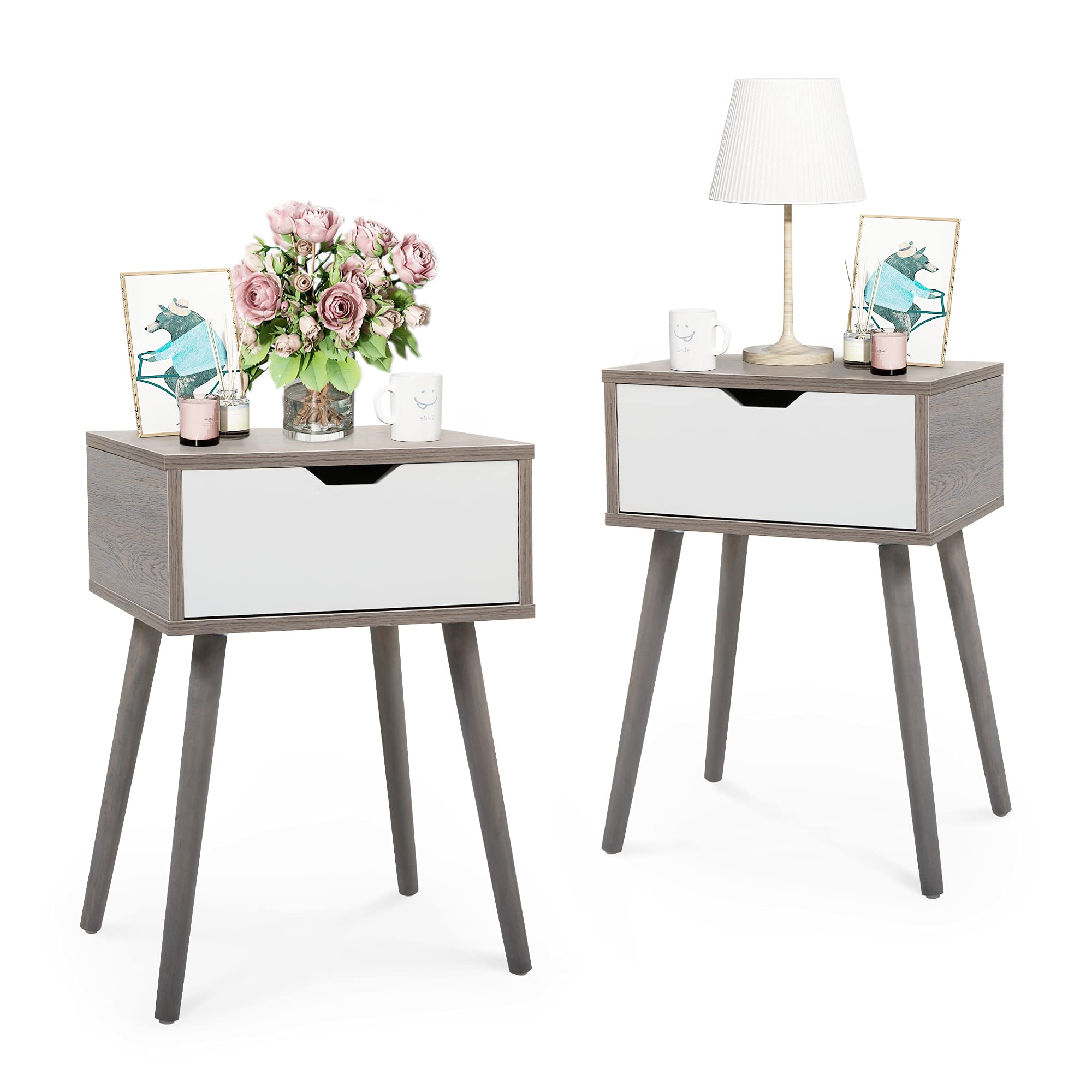 Modern Nightstands with Solid Wood Legs - Set of 2 White & Grey Bedside Tables with Storage Drawer for Bedroom, 23.2