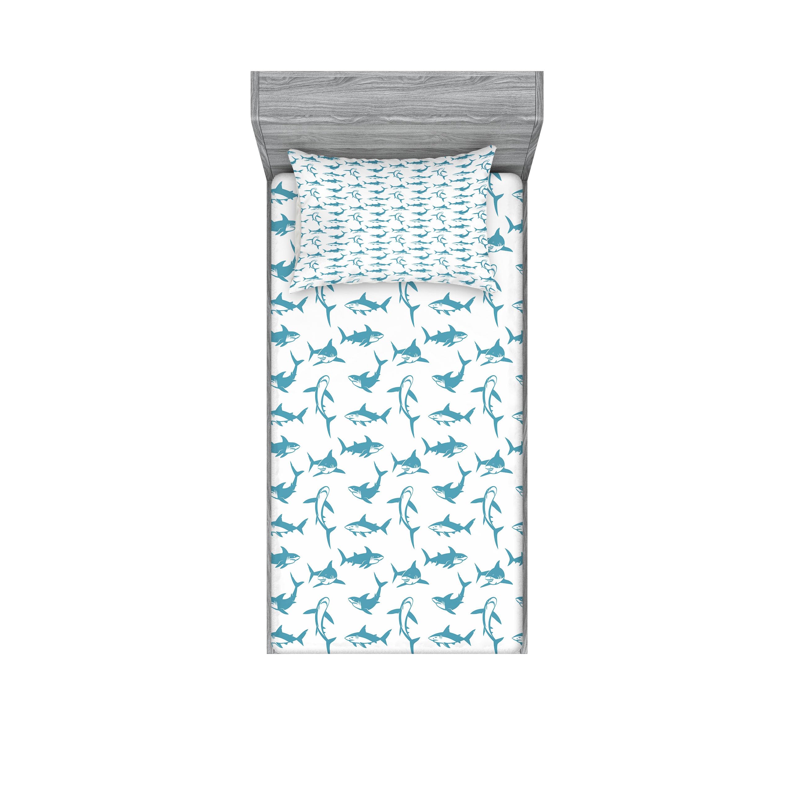 Ambesonne Shark Fitted Sheet & Pillow Sham Set - Blue Marine Cartoon with Scary Predators, Fins & Sharp Teeth - 2-Piece Twin Bedding Decor in White & Blue - Perfect for Kids' Rooms, Ocean-Themed Bedrooms & Shark Lovers