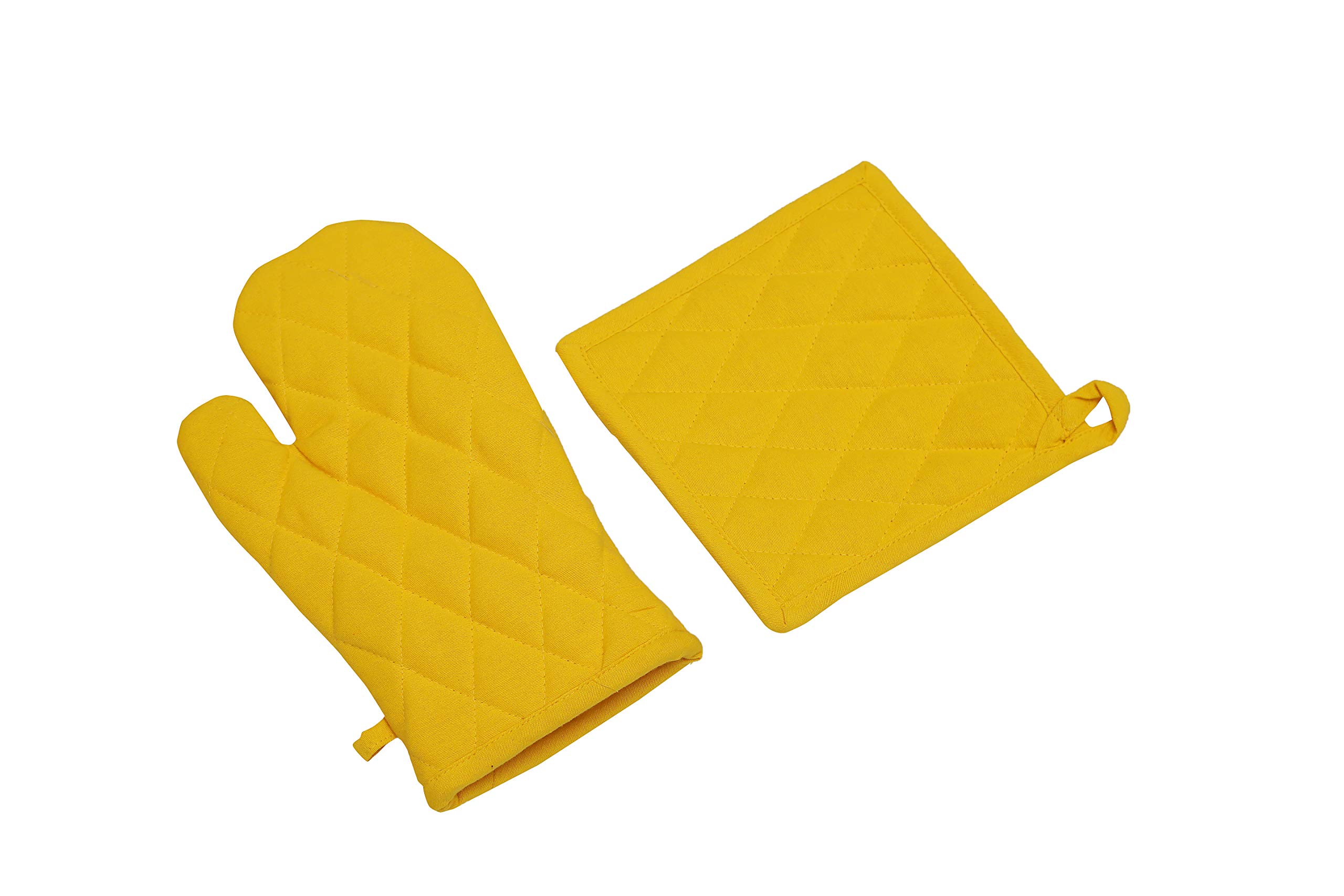 Premium Heat Resistant Oven Mitt & Pot Holder Set (2-Pack) - Cotton Quilted Kitchen Accessories for Cooking, Baking & Grilling - Machine Washable, Yellow - Perfect for Home Chefs & Holiday Cooking