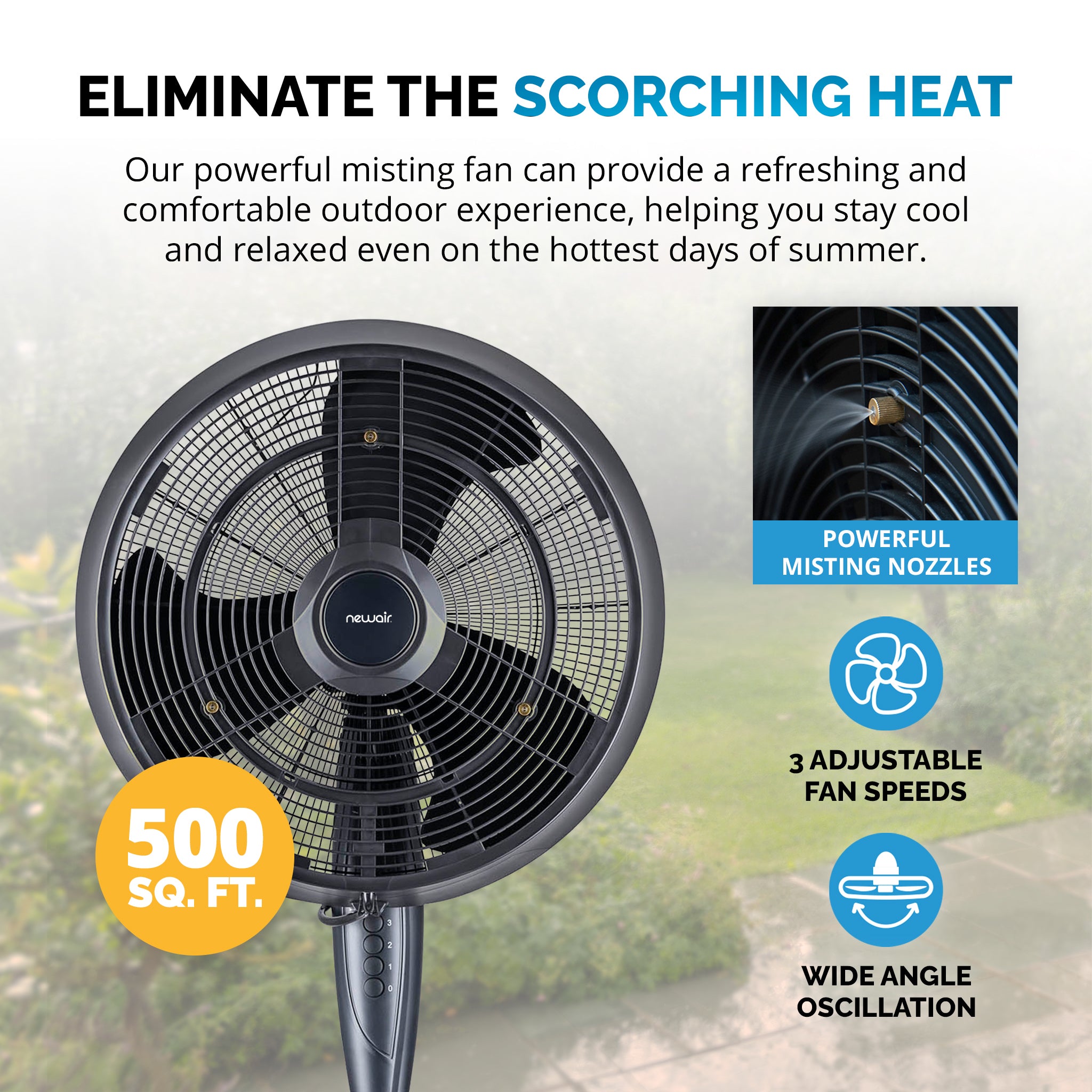 Newair® 1600 CFM High-Velocity Outdoor Misting Pedestal Fan - Powerful Cooling for Patio, Poolside & Backyard Gatherings