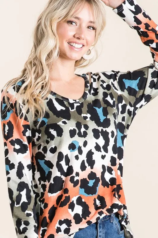 Bibi Gradation Leopard Print Soft Knit Deep U Neck T-Shirt - Rust/Olive Color Women's Casual Top for Fall Outfits & Date Nights