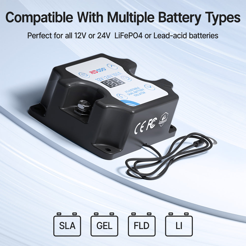 Redodo 12V/24V 150A Adjustable Dual Battery Isolator (VSR) - Auto Connect/Disconnect Starter & House Batteries with LCD Display - Perfect for RVs, Boats, and Off-Grid Power Systems