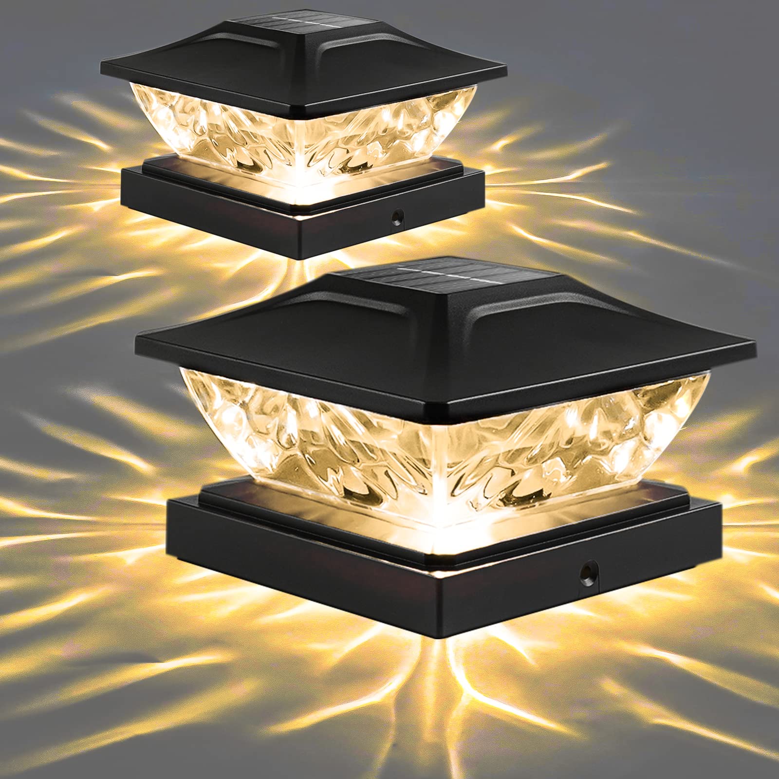 Solar Post Cap Lights Outdoor - 2 Pack Waterproof Solar Deck & Fence Lights with 2 Modes (Warm White/Bright White) | IP65 Weatherproof for 3.5x3.5 to 5x5 Posts | Perfect for Garden, Porch, Patio, Pathway & Backyard Lighting Decor