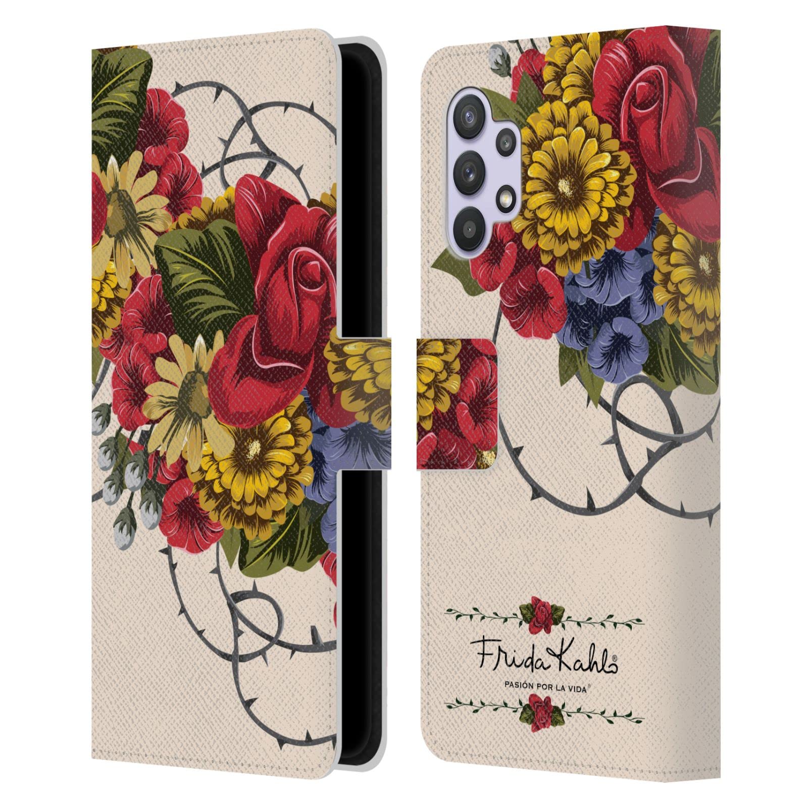Head Case Designs Frida Kahlo Vine Red Florals Leather Book Wallet Case Cover for Samsung Galaxy A32 (2021) - Officially Licensed Protective Phone Cover for Women, Artists & Vintage Lovers