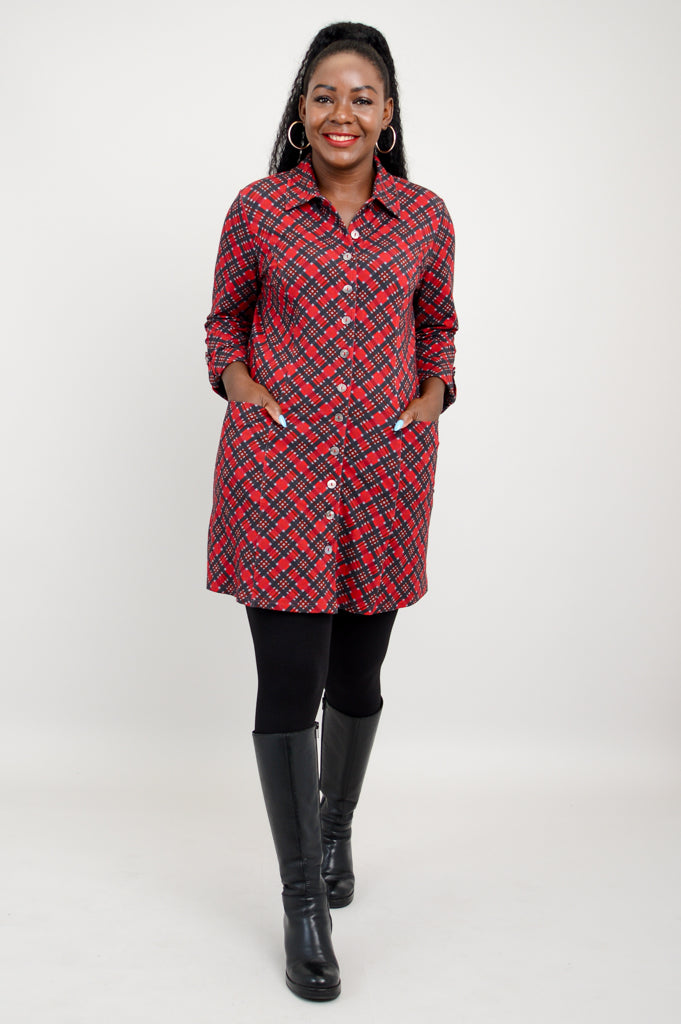 Charlie Tunic - Cherry Plaid Bamboo V-Neck Top | Women's Casual Blouse for Work & Weekend | Breathable & Comfortable Summer Outfit