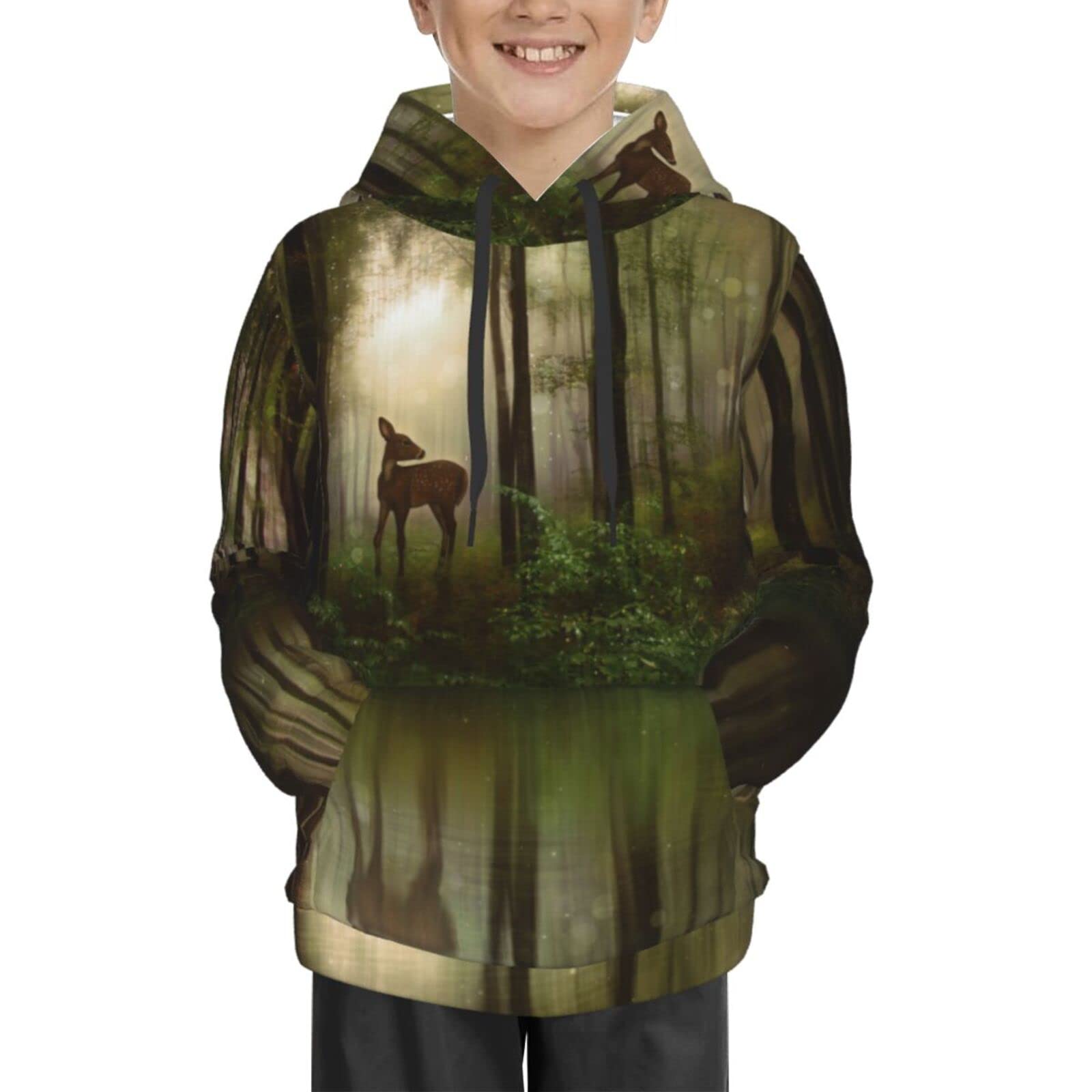 Deer Reflection Lake Print Teen Boys Hooded Sweater Jackets - Warm Winter Hoodies for Outdoor Camping & School Activities