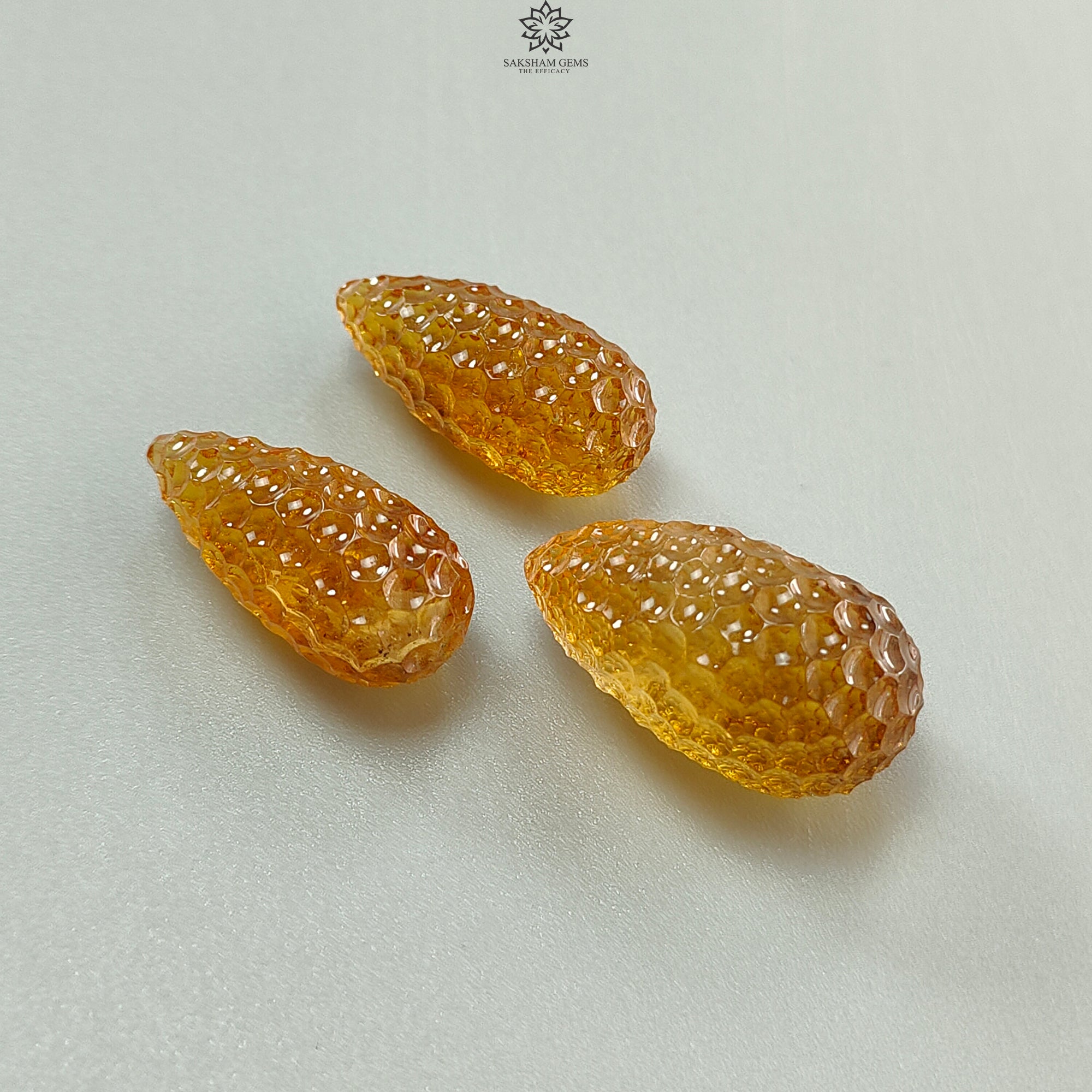 Natural Yellow Citrine Gemstone Carving - 99.30cts Untreated Hand-Carved Teardrop Shape (27mm x 29mm) 3-Piece Set - November Birthstone Jewelry for Necklace, Earrings & Gift Giving