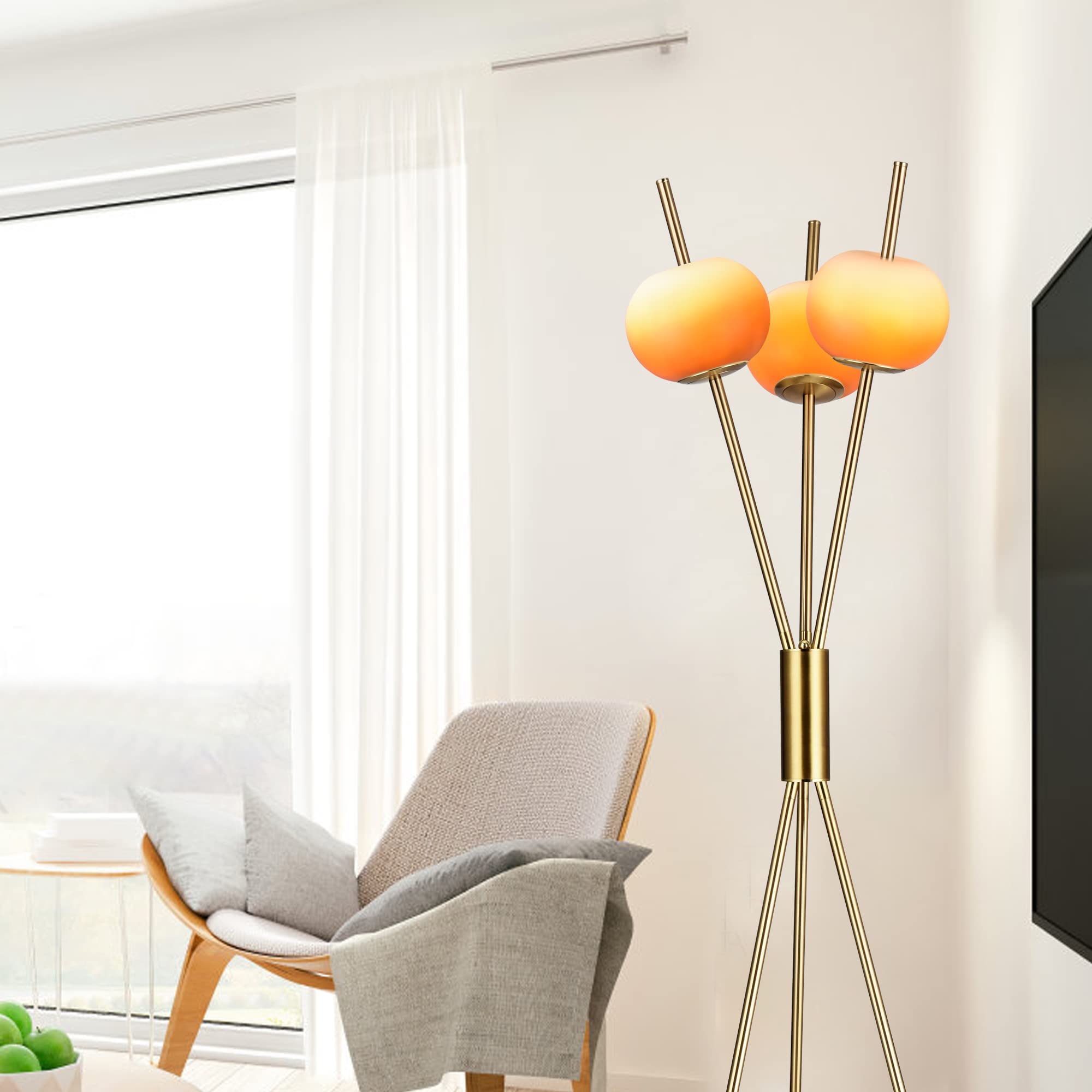 Paugeory Modern Tripod Floor Lamp - 3-Light Gold Plated Standing Lamp with Flexible Amber Light & Amber Glass Shade for Living Room, Bedroom, Office, Hallway (Includes Bulb) | Perfect for Reading Nook, Home Decor, and Ambient Lighting