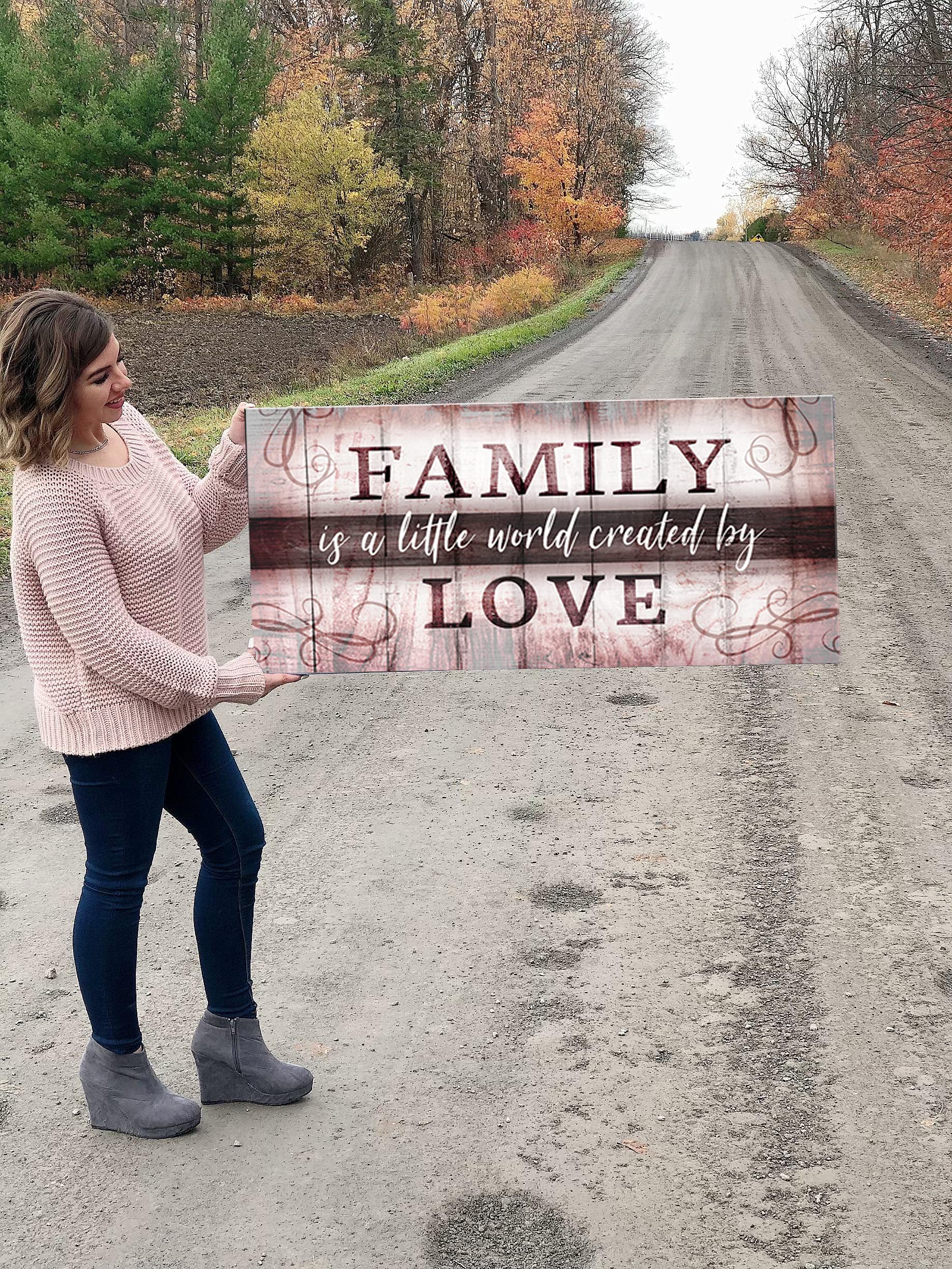Family Is A Little World Sign - Framed Wall Art for Living Room & Farmhouse Decor - Large Canvas Wall Art (42x19 Inches, Maroon) - Perfect for Home, Bedroom & Office Décor