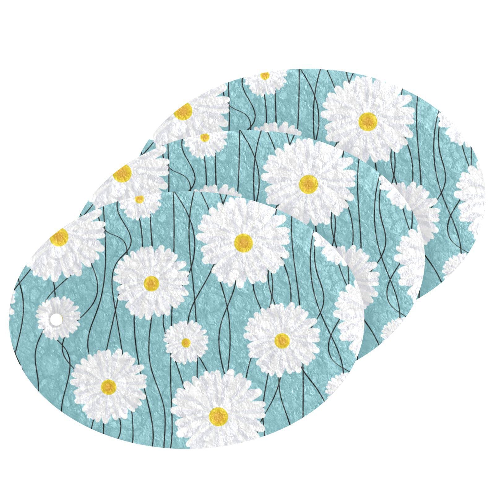 Kcldeci 3 Pack Kitchen Dish Scrub Sponge Pads - Chamomile Pattern Turquoise Scrubber Sponges for Dishes, Dishwashing & Household Cleaning - Durable & Absorbent for Kitchen Sink, Countertops & Cookware