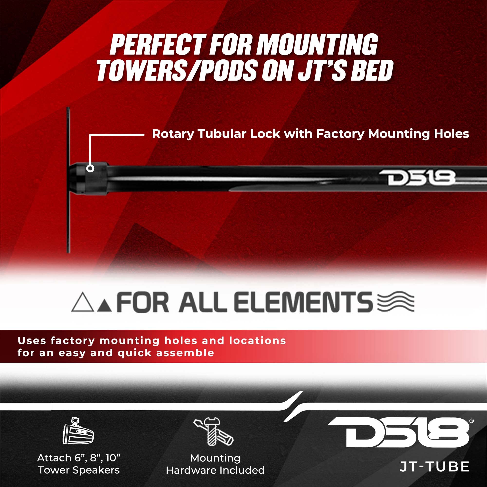DS18 JT-Tube/BK JT Mounting Tube with Mobile Clamps - Universal Roll Bar & Cage Mount for Speaker Towers & Pods (Black) - Ideal for Off-Road, Racing & Car Audio Installations