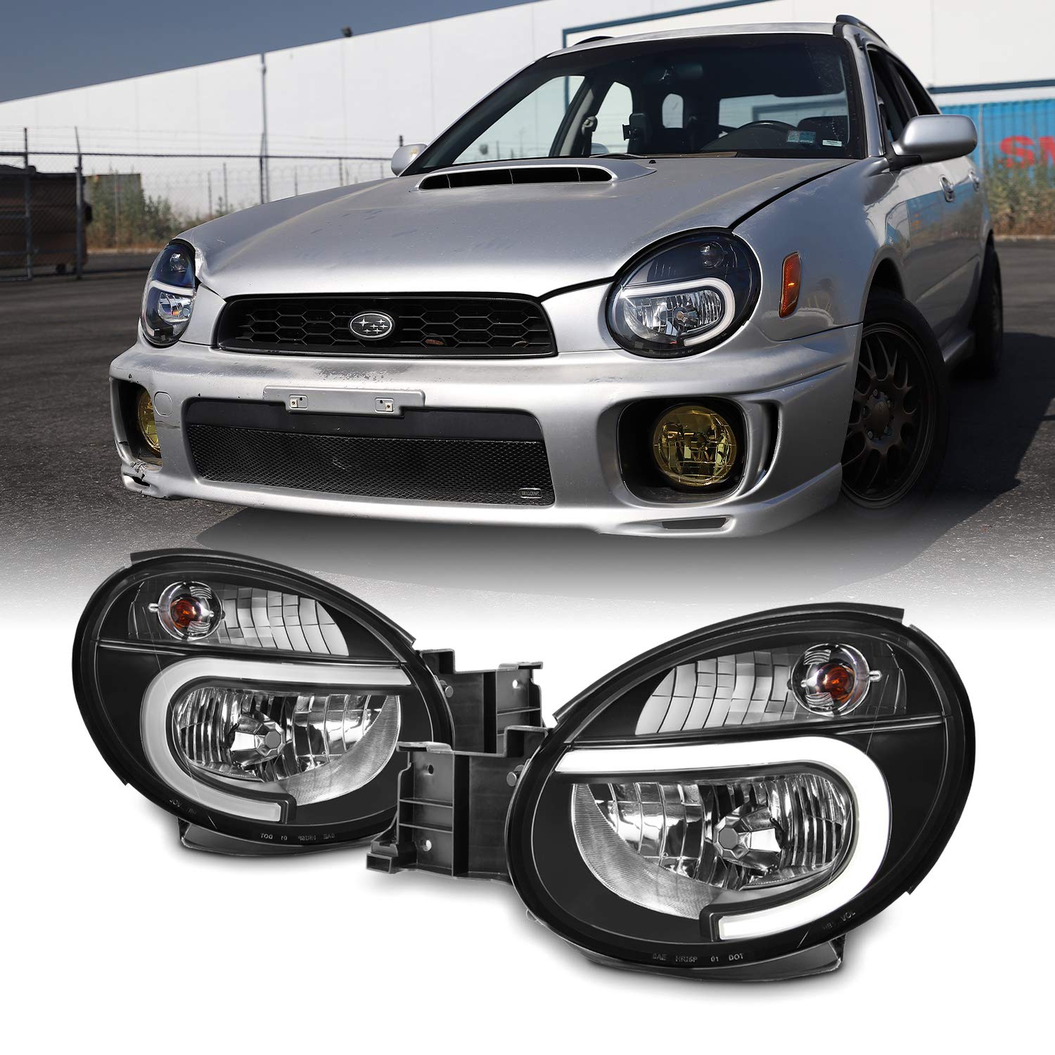 AKKON LED DRL Black Headlights for 2002-2003 Subaru Impreza Outback/RS/TS/WRX - Halogen Replacement Pair - Upgrade Your Car Lighting for Night Driving & Enhanced Visibility