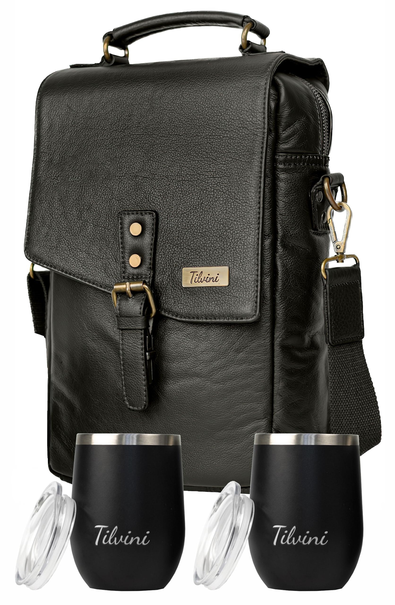 Premium Leather Wine Bag & Insulated Wine Tumblers Set - Elegant Wine Gifts for Men's Birthday, Anniversary & Special Occasions - Durable Leather Wine Carrier with Unique Insulated Cooler Design - Perfect Wine Tote Bag for Travel, Beach Picnics & Outdoor Adventures - Ideal Gift for Wine Lovers & Enthusiasts