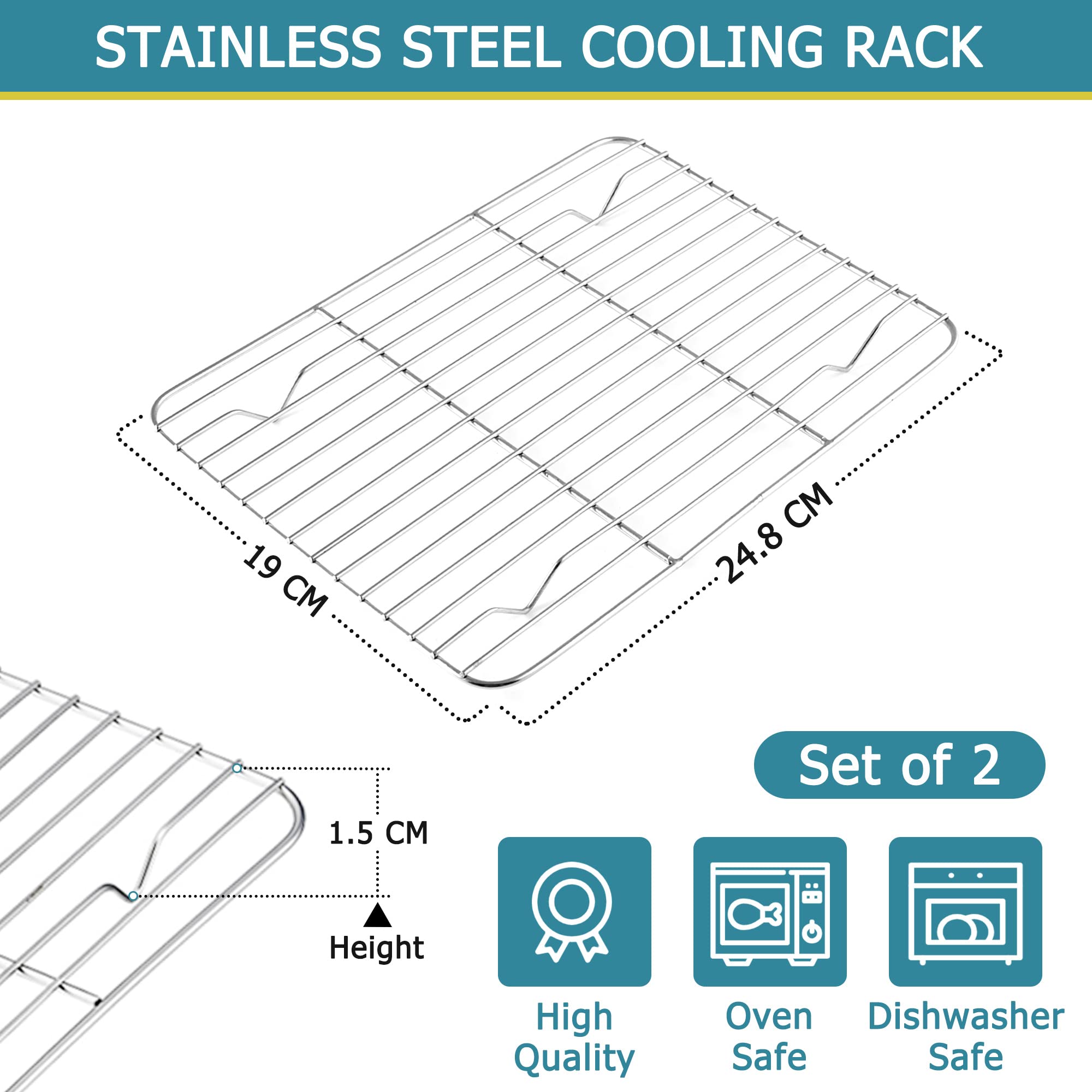 Herogo 2-Piece Stainless Steel Cooling Rack Set for Baking, Roasting & Grilling - 24.8 x 19 x 1.5cm Oven-Safe Wire Rack for Cakes, Cookies, Bread - Dishwasher Safe Metal Baking Cooling Grid - Perfect for Home Baking, BBQ Parties & Meal Prep