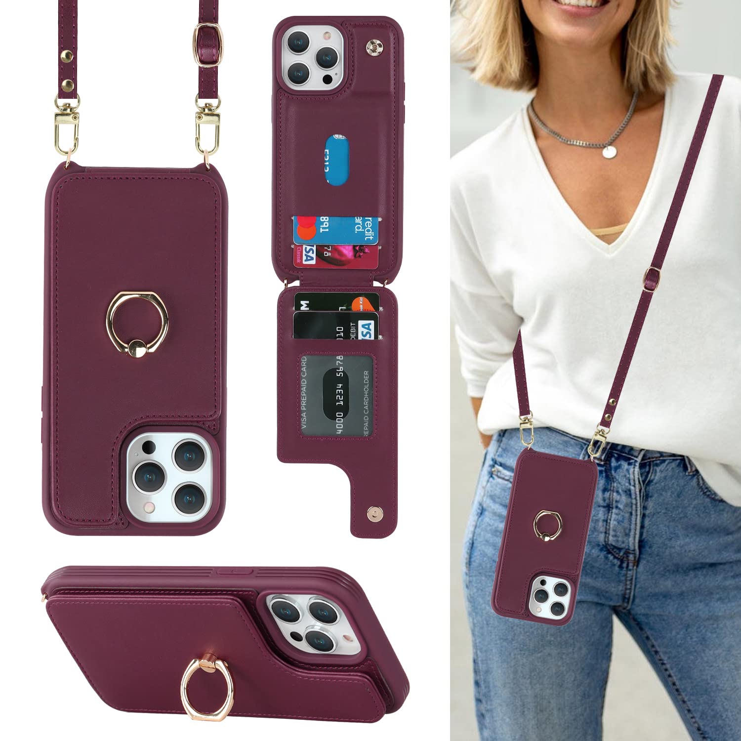 Premium iPhone 15 Pro Max Case with Card Holder & Wrist Strap - 6.7 Inch Wallet Phone Cover with Crossbody Lanyard, Ring Stand & Snap Clasp for Women (Wine Red) | Perfect for Travel, Shopping & Everyday Use