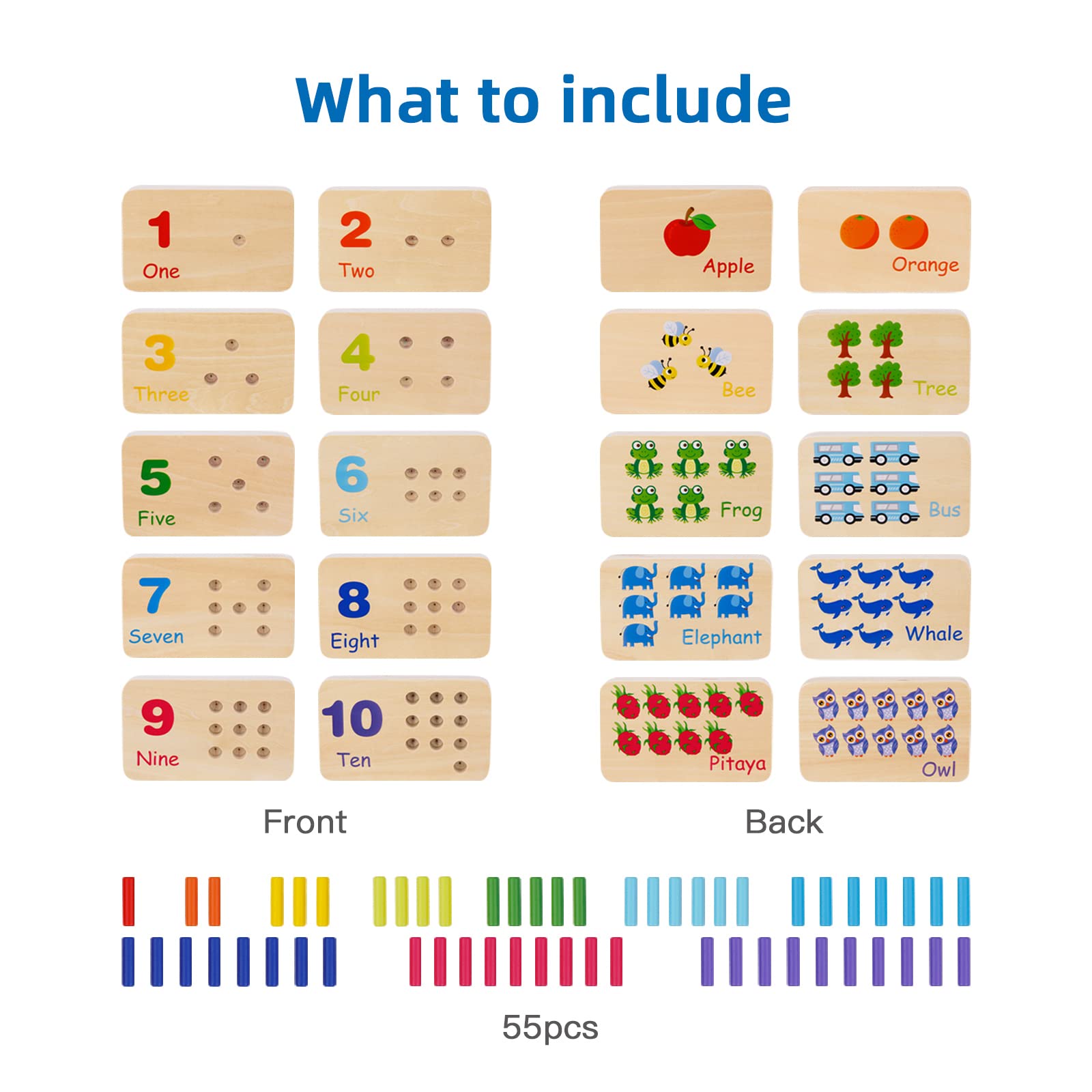 TOOKYLAND Montessori Wooden Peg Board Toy - 55 Counting Pegs for Toddlers, Kids Math Learning, Kindergarten Activities | Educational Number Manipulatives for Early Childhood Development & Homeschooling