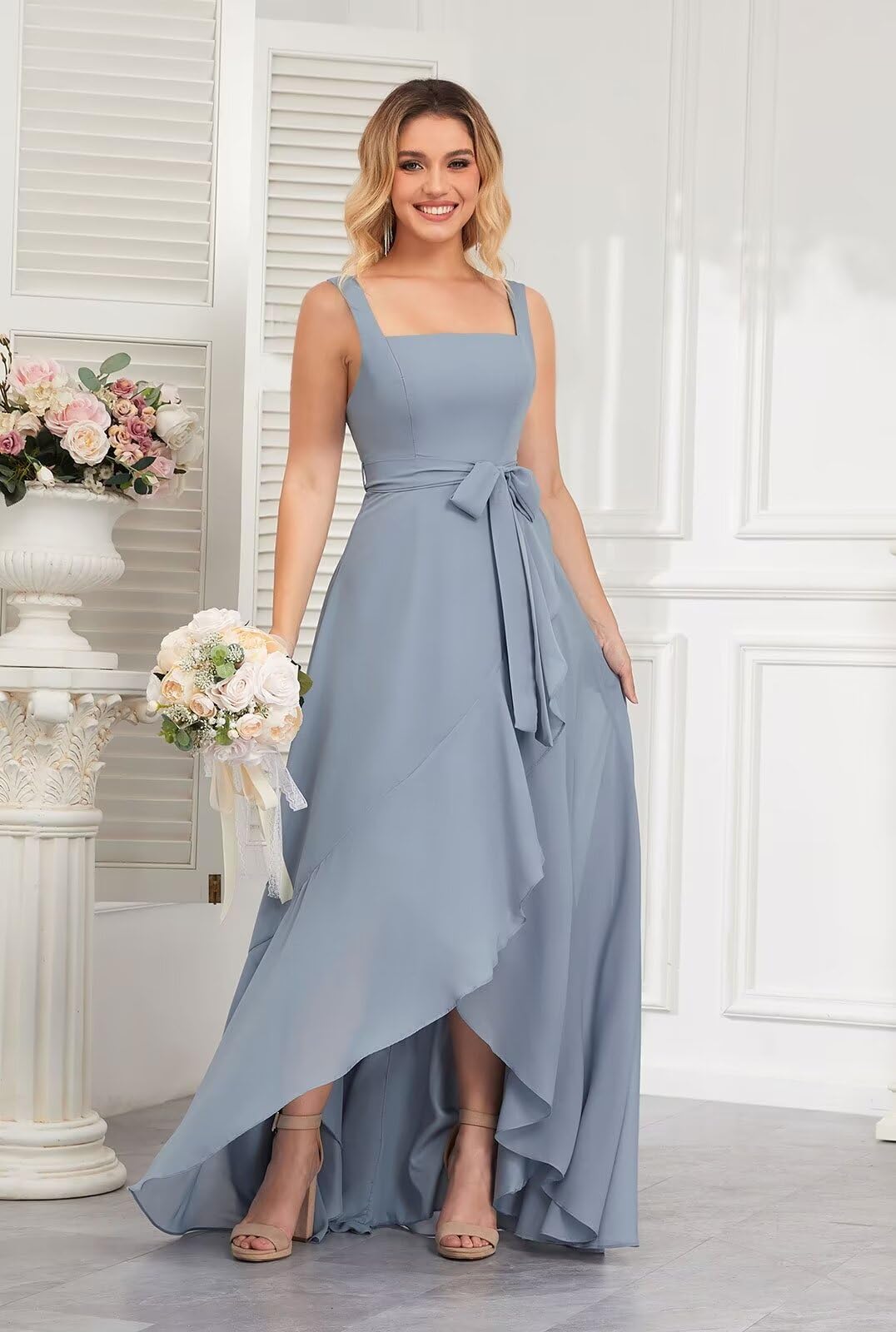 Elegant Square Neck Long Chiffon Bridesmaid Dress with Ruffle High-Low Hem - Formal Evening Gown for Women | Perfect for Weddings, Prom & Special Occasions